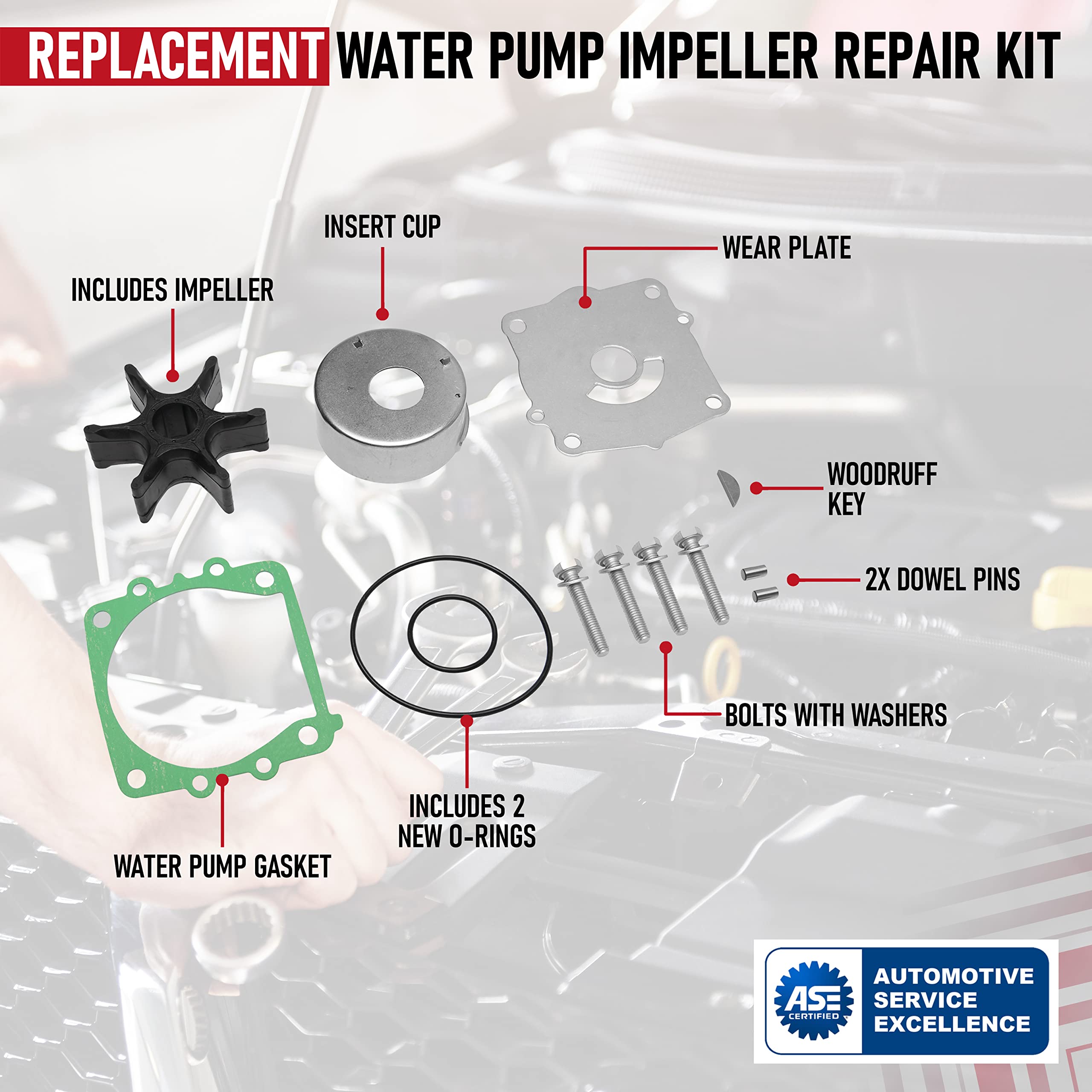 Water Pump Impeller Repair Kit - Replaces 68V-W0078-00-00, 18-3442 - Compatible With Yamaha 4-Stroke 75Hp-115Hp - 2002-2017 F115