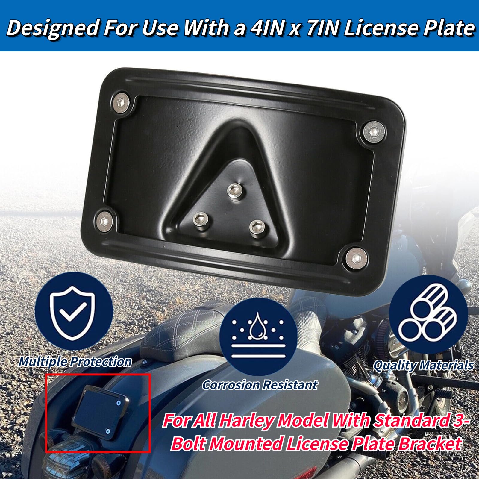 3148 Curved Laydown License Plate Mount with Frame Compatible with Harley Davidson 3 Hole Mount (Black)