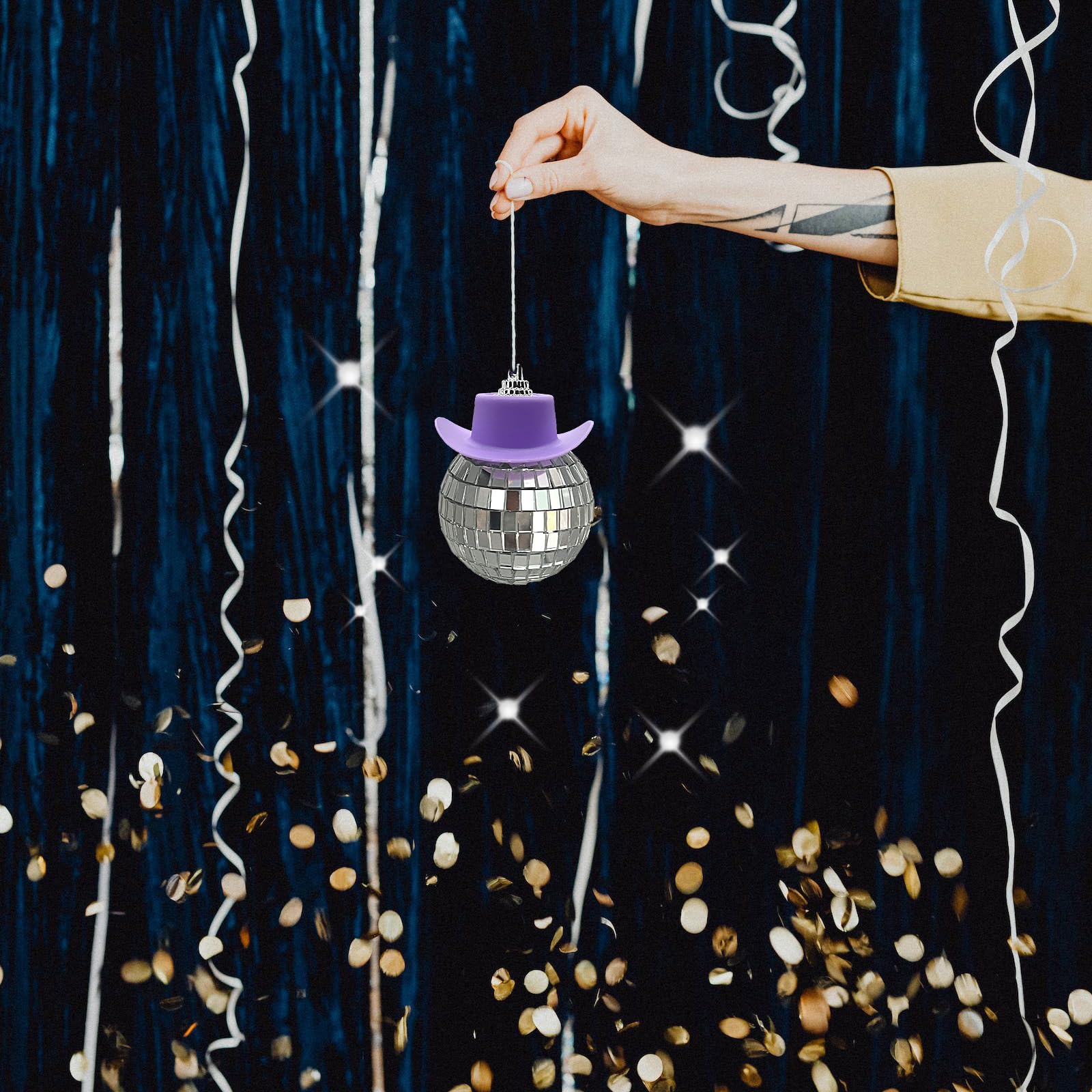 Spansee Purple Disco Ball With Cowboy Hat Car Charm, Rear View Mirror Accessory