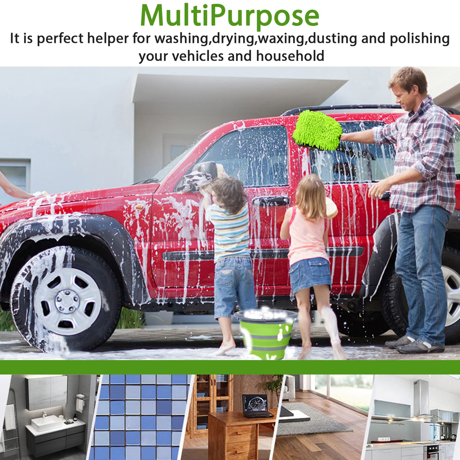 Greatcool Collapsible Bucket With 3-In-1 Car Wash Mitt, Coral Velvet + Weave + Chenille Microfiber Glove Sponge, 10L (2.6 Gallon