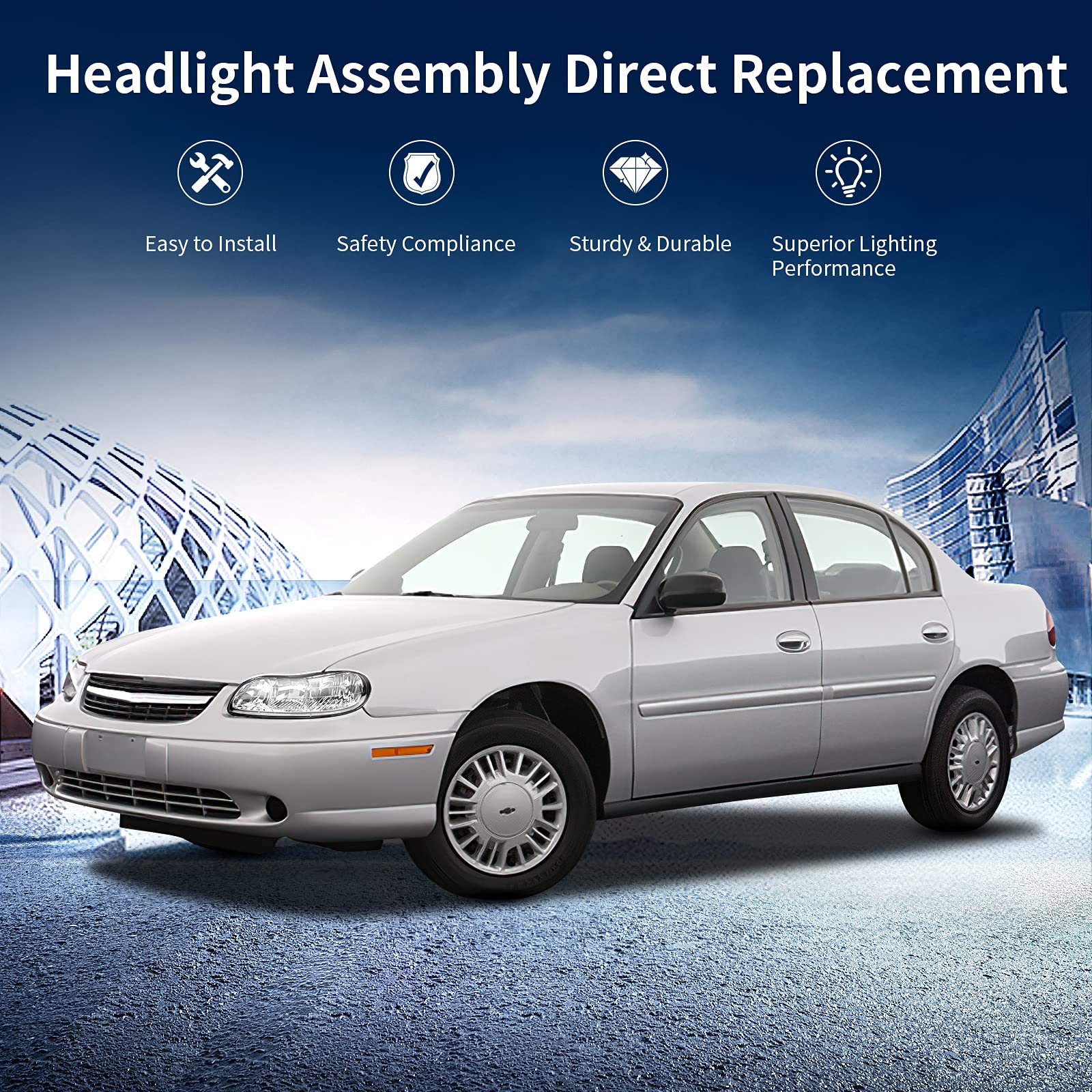 Autosaver88 Headlight Assembly Compatible With 1997-2003 Chevy Malibu / 1997-1999 Oldsmobile Cutlass Chrome Housing Clear Lens (