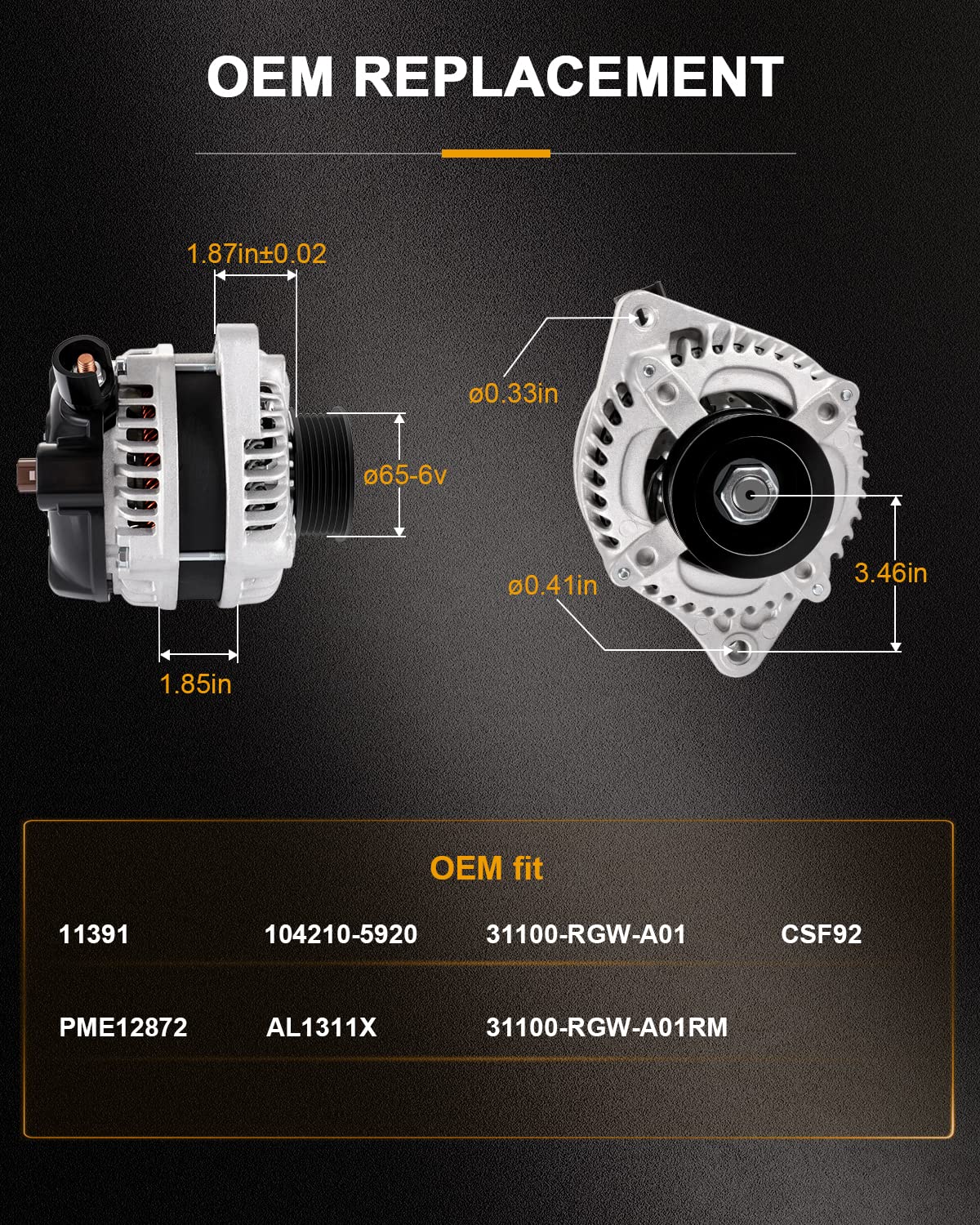 ROADFAR New Alternator Replacement for Honda Odyssey 2008-2010 for Acura TSX 2010-2014 for Acura TL 2009-2014 11391, 31100-RGW-A
