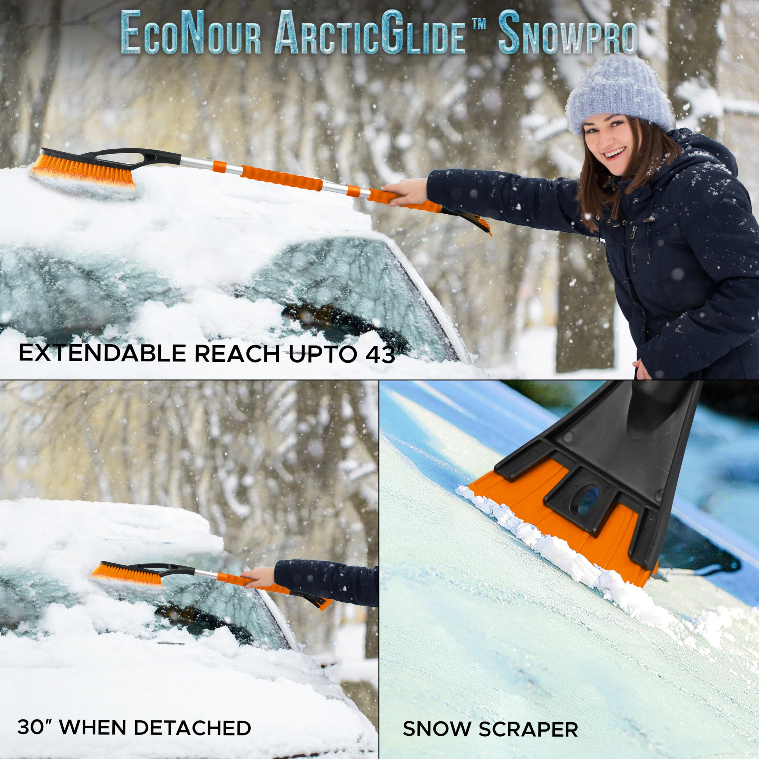 Econour 43'' Ice Scrapers For Car Windshield Extendable | 3 Parts Detachable Telescopic Snow Brush For Car, Trucks, Suv | Long S