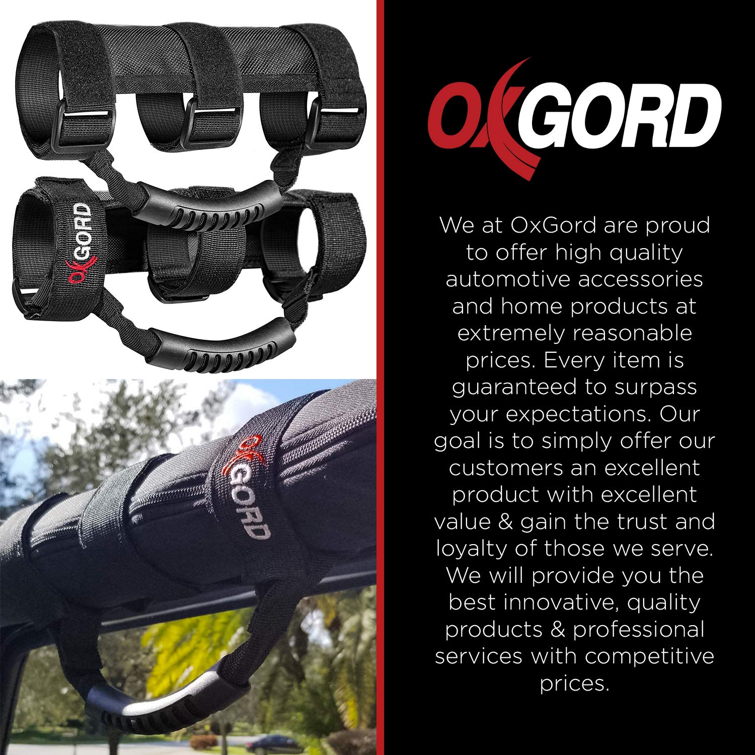 Oxgord Roll Bar Grab Handle Grips Set Compatible With Jeep Wrangler Tj Yj Jk Atv Utv 1955-2024 Models - Strap Fits 1 1/2 To 3 Inch Bars - Pack Of 2, Black