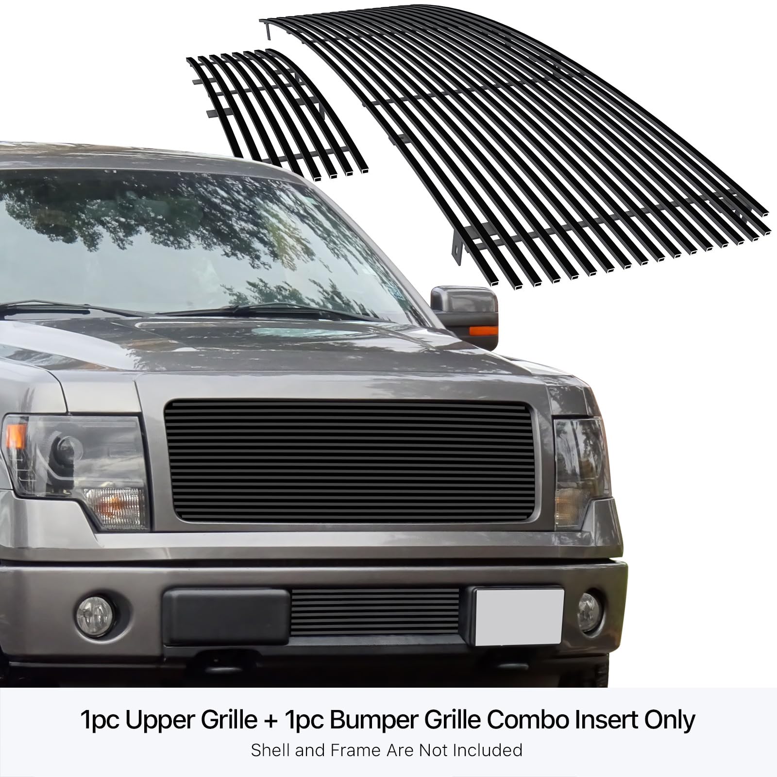 Aps Compatible With Ford F-150 2009-2014 Stainless Steel Black 8X6 Horizontal Billet Grille Insert Combo F86614J