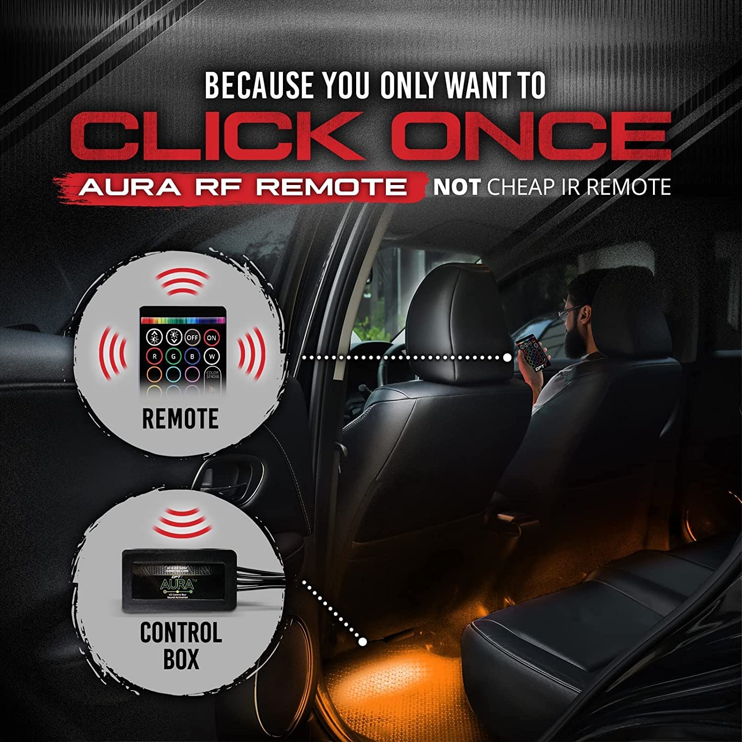 OPT7 Aura LED Strip Kit - 4pc Double Row, Smart Color, Soundsync, RGB, Door Assist, AURA-INTERIOR Model
