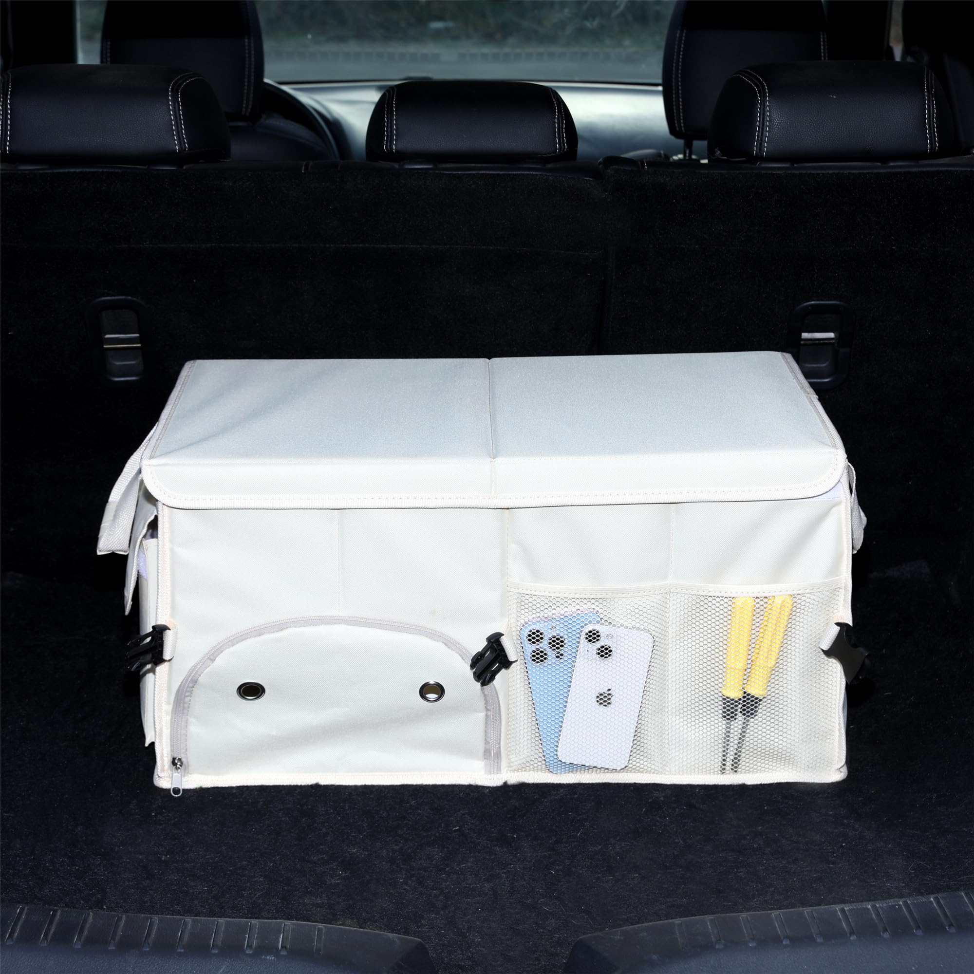 Aokjoy Car Trunk Organizer With Lid Car Storage Organizer Collapsible Multi Compartment Car Organizerwith Shoe Bag For Suv(Beige