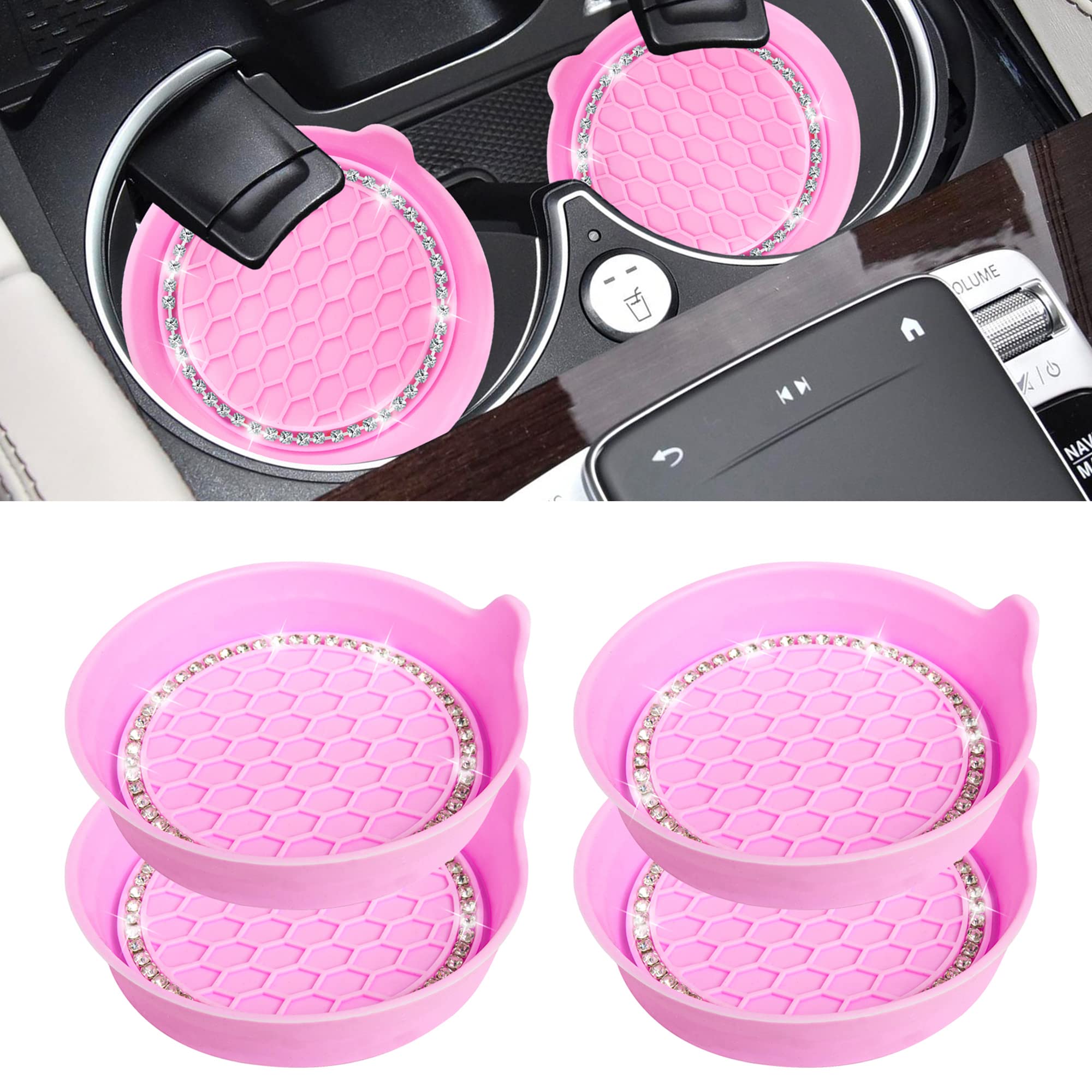 Amooca Car Cup Coaster Universal Non-Slip Cup Holders Bling Crystal Rhinestone Car Interior Accessories 4 Pack Pink