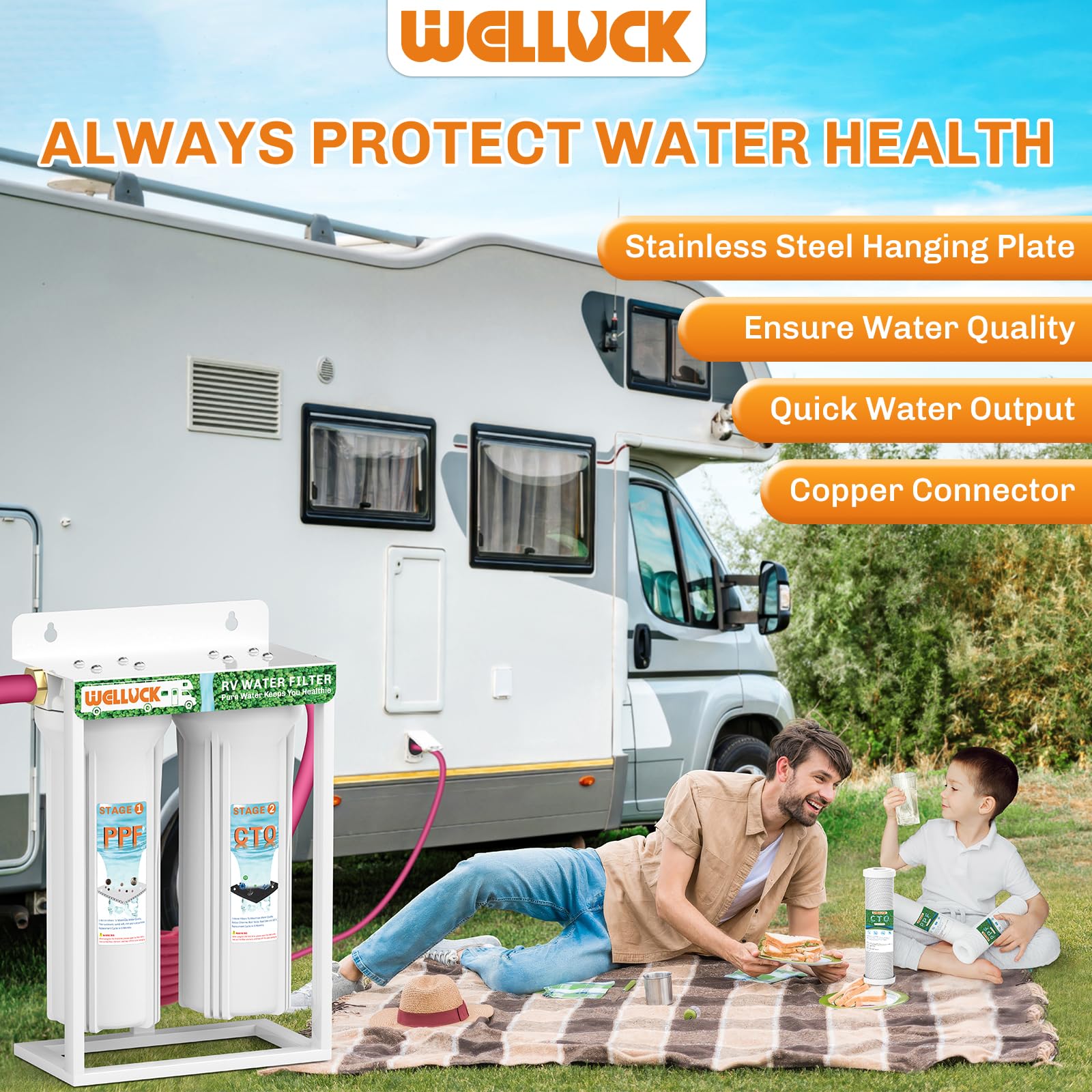Welluck External Rv Dual Water Filter System Reduce Chlorine And Odor, Camping Water Filter With Mounting Bracket And Leak-Proof
