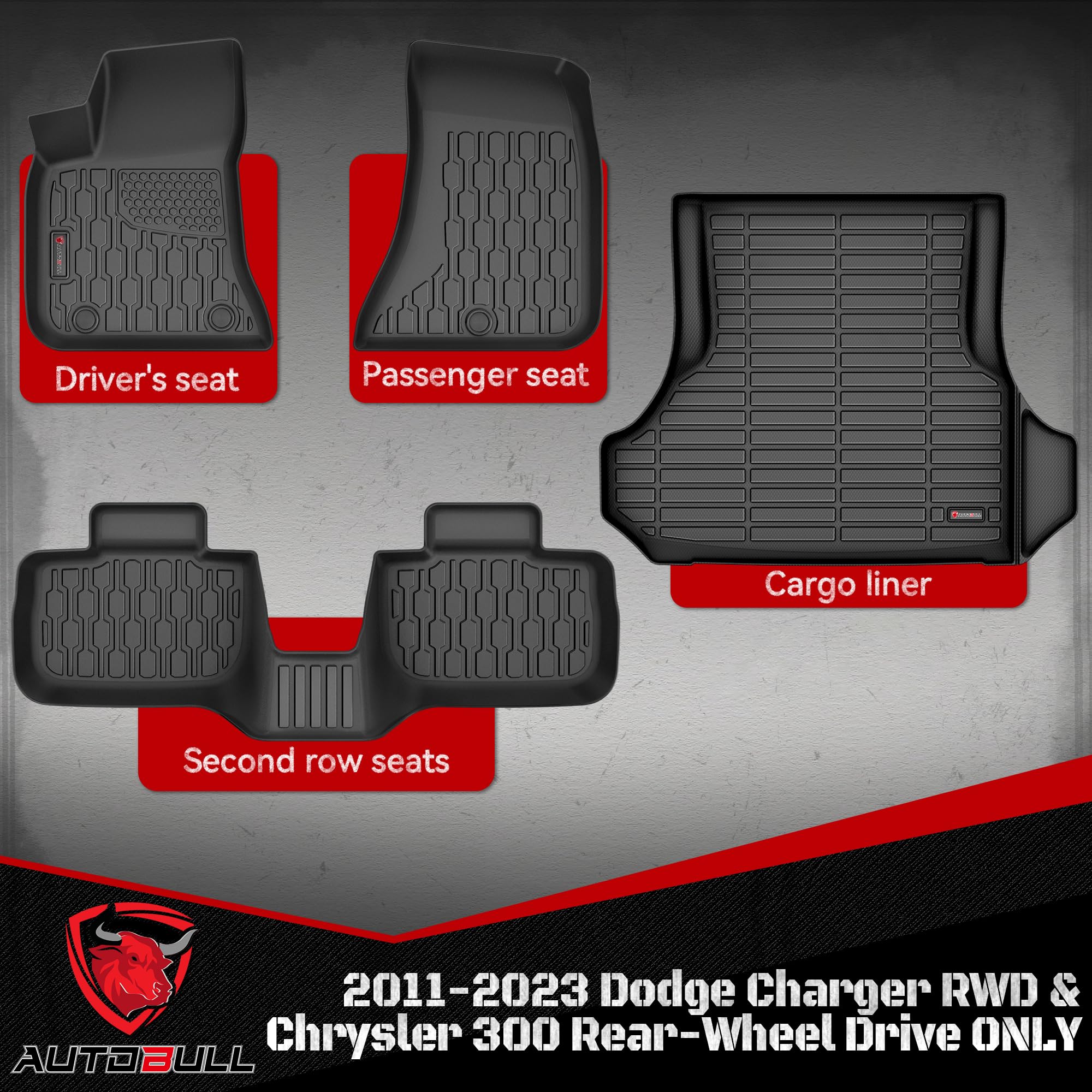 Autobull Floor Mats & Cargo Liner Compatible With 2011-2023 Dodge Charger Rwd & Chrysler 300 Rear-Wheel Drive Only Cargo Mat, Fu