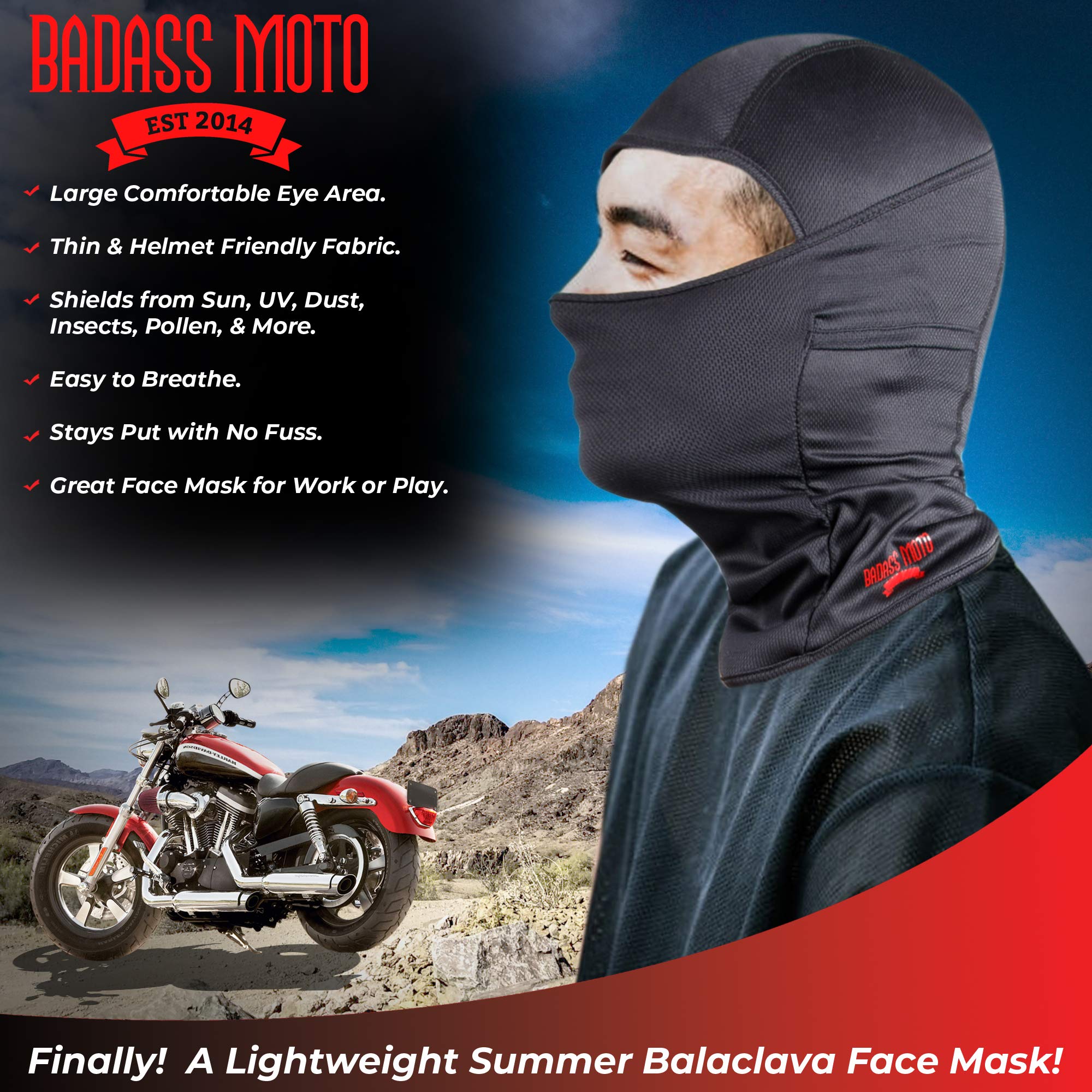 Badass Moto Motorcycle Balaclava Face Mask Men. Black Ski Mask, Motorcycle Mask, Neck Gaiter or Du Rag. Protects from Dust, Sun,