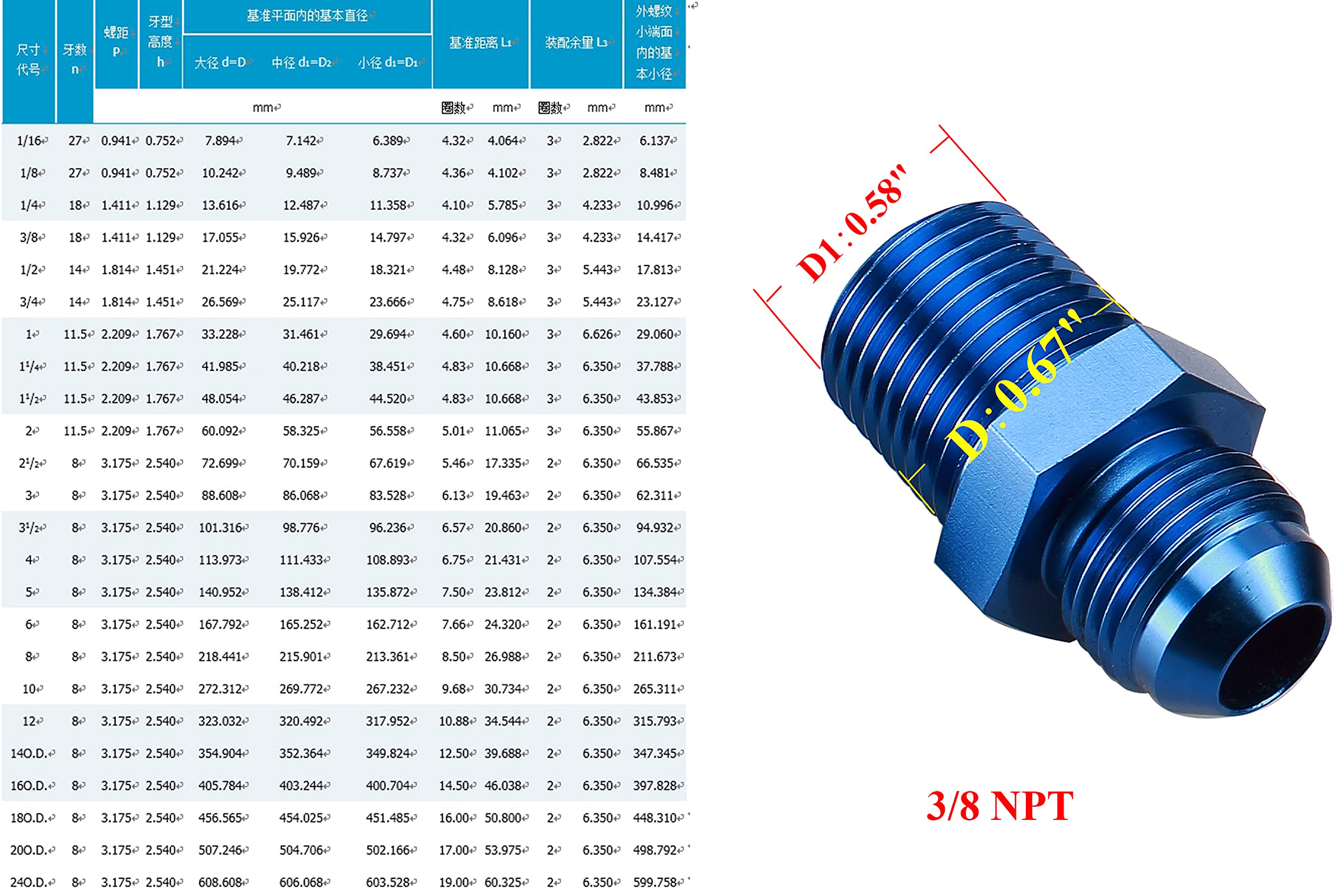 Ac Performance Male 3/8'' Npt To -8 An Flare Adapter Straight Aluminum Blue
