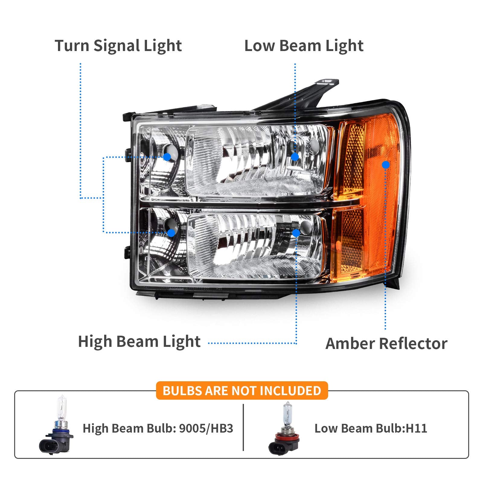 Dwvo Headlights Assembly Compatible With 2007-2013 Gmc Sierra 1500/2007-2014 Sierra 2500Hd 3500Hd Chrome Housing Amber Reflector Clear Lens