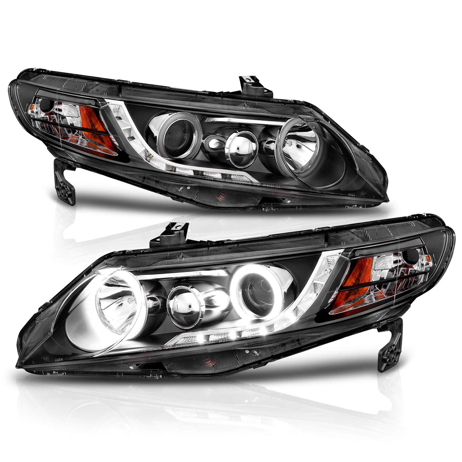 Amerilite Projector Halogen Headlights Amber Xtreme Led Halo For 2006-2009 Honda Civic 4 Door/Hybrid Sedan - Passenger And Driver Side, Vehicle Light Assembly, Black