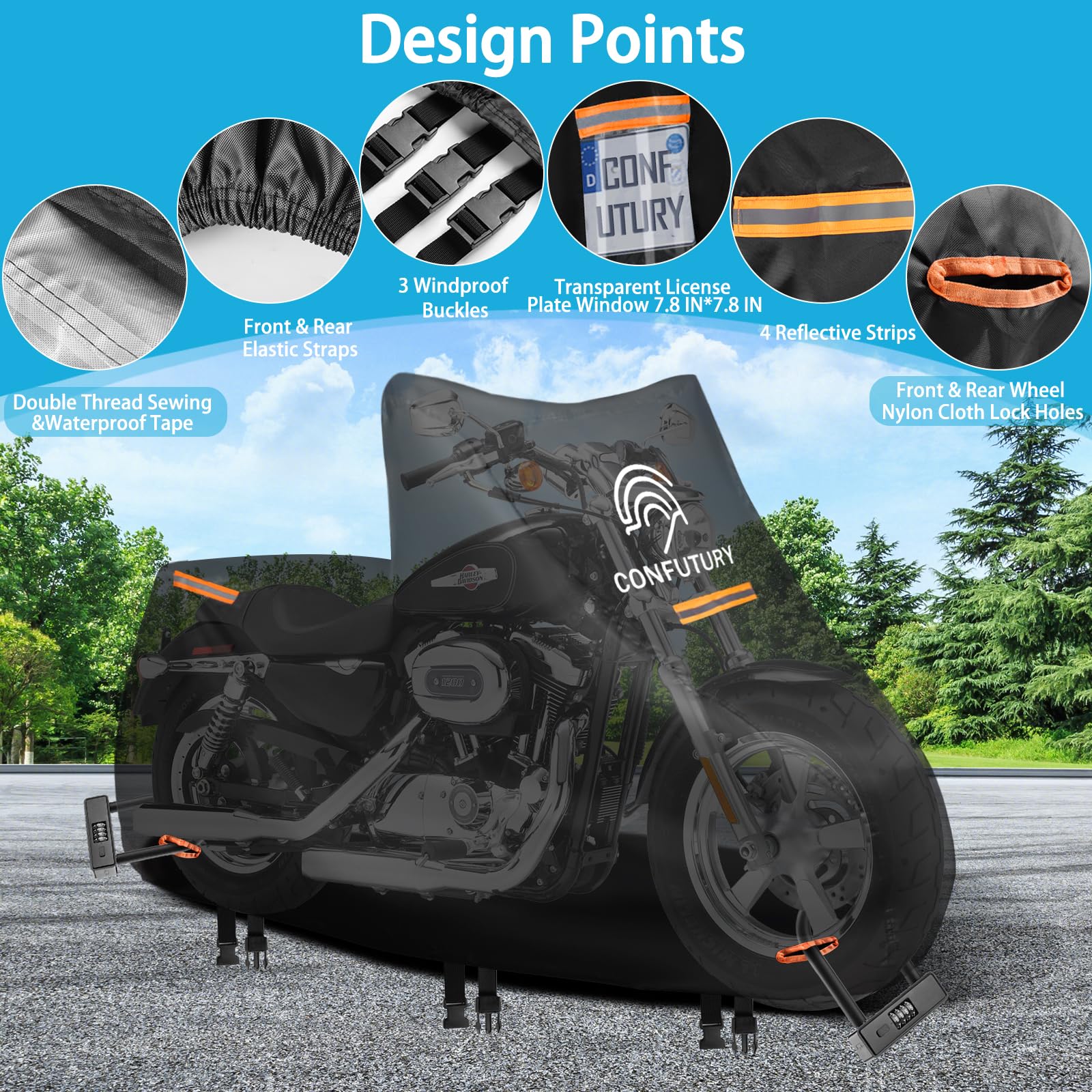 Large Motorcycle Cover With License Plate Window,600D Nano Oxford Cloth,4 Reflective Strips,2 Lock-Holes,3 Windproof Buckles & S