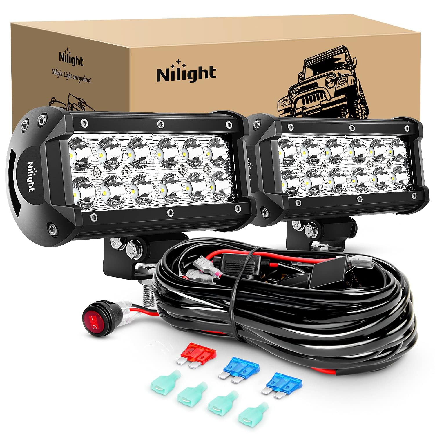 Nilight Led Light Bar 2Pcs 6.5 Inch 36W Spot Led Pods Led Off Road Driving Light With 16Awg Wiring Harness Kit-2 Leads