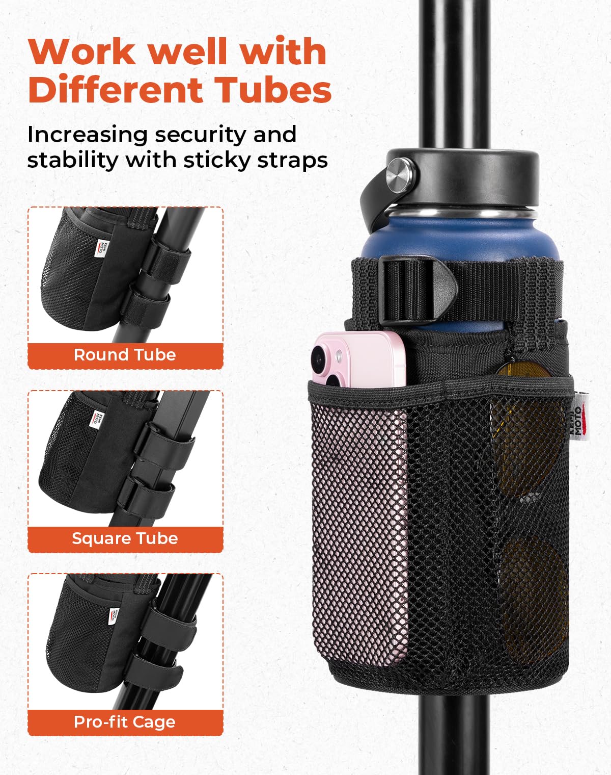 Kemimoto Cup Holder, Roll Bar Cup Holder For Utvs Wheelchair Scooter Walker Rollator Bike Golf Cart Boat With Mesh Pockets And S