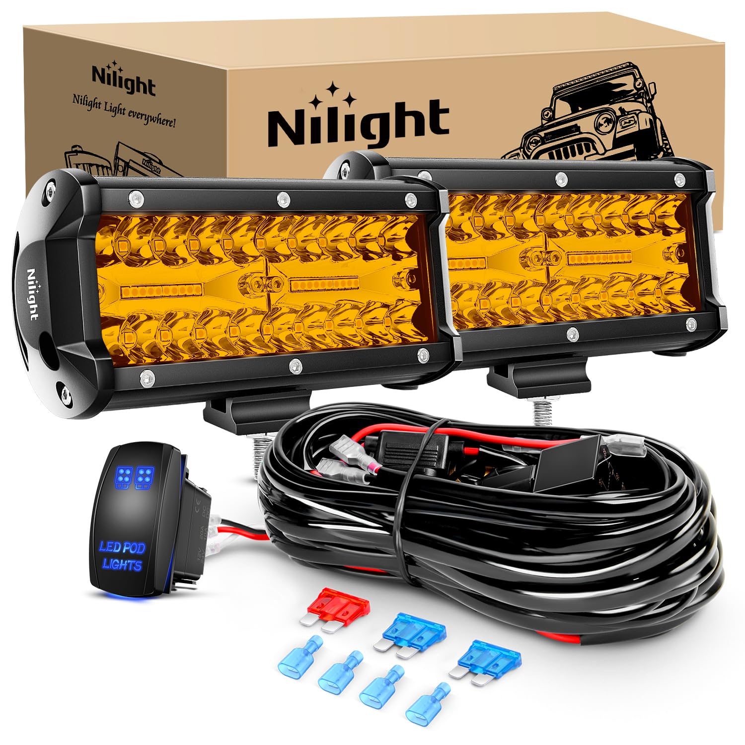 Nilight Led Light Bar 2Pcs 6.5 Inch Amber 120W Spot Flood Combo Waterproof Triple Rows Off Road Fog Lights With 12V 5Pin Rocker