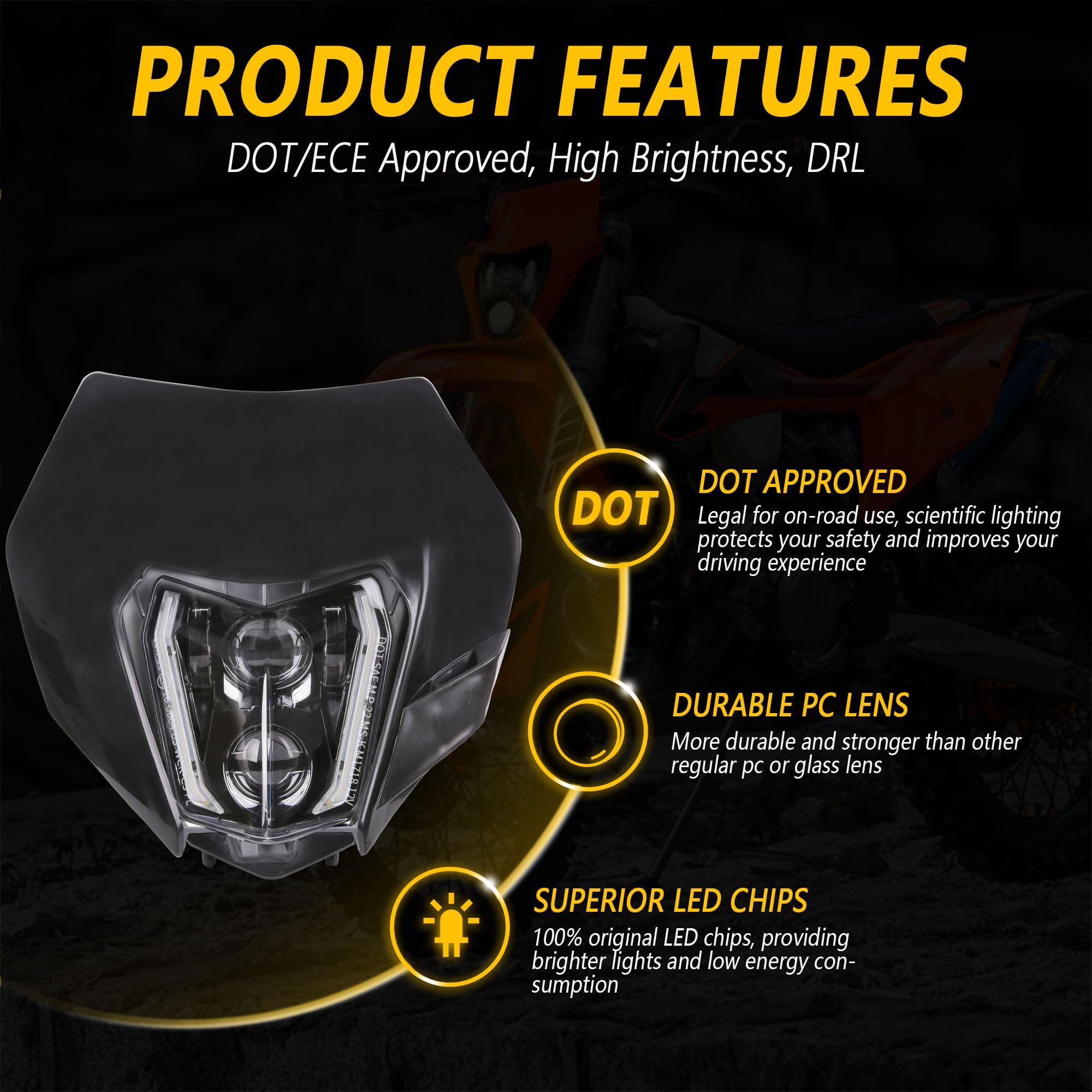 RAMJET4X4 LED Motorcycle Headlight Dirt Bike DRL Headlamp with Bezel Compatible With Motocross Pit Bike Enduro ATV Supermoto 150