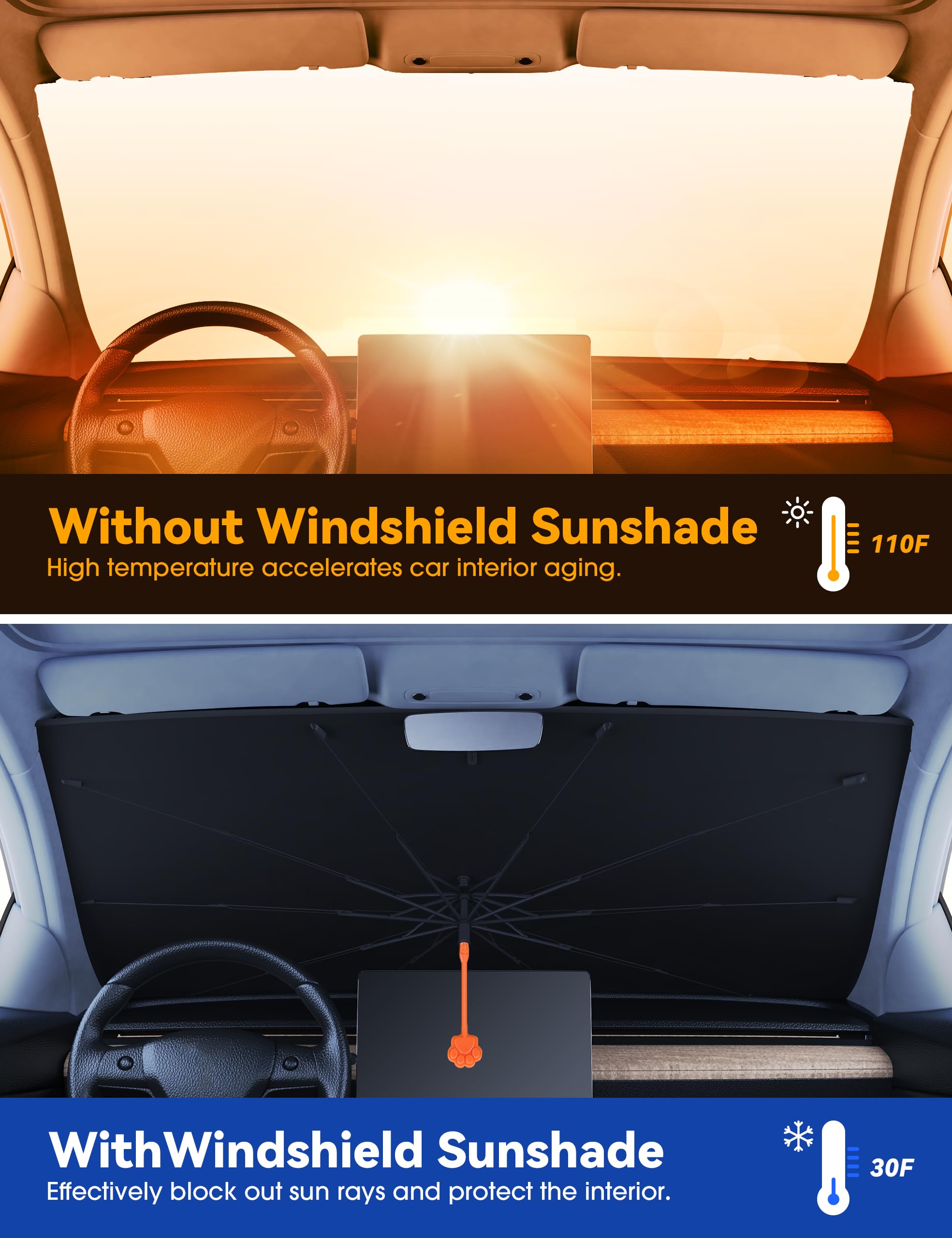 Helloleiboo ??????5 ?????????????? Car Windshield Sun Shade Umbrella, Colorful 360Rotating Foldable Windshield Sun Shade Front W