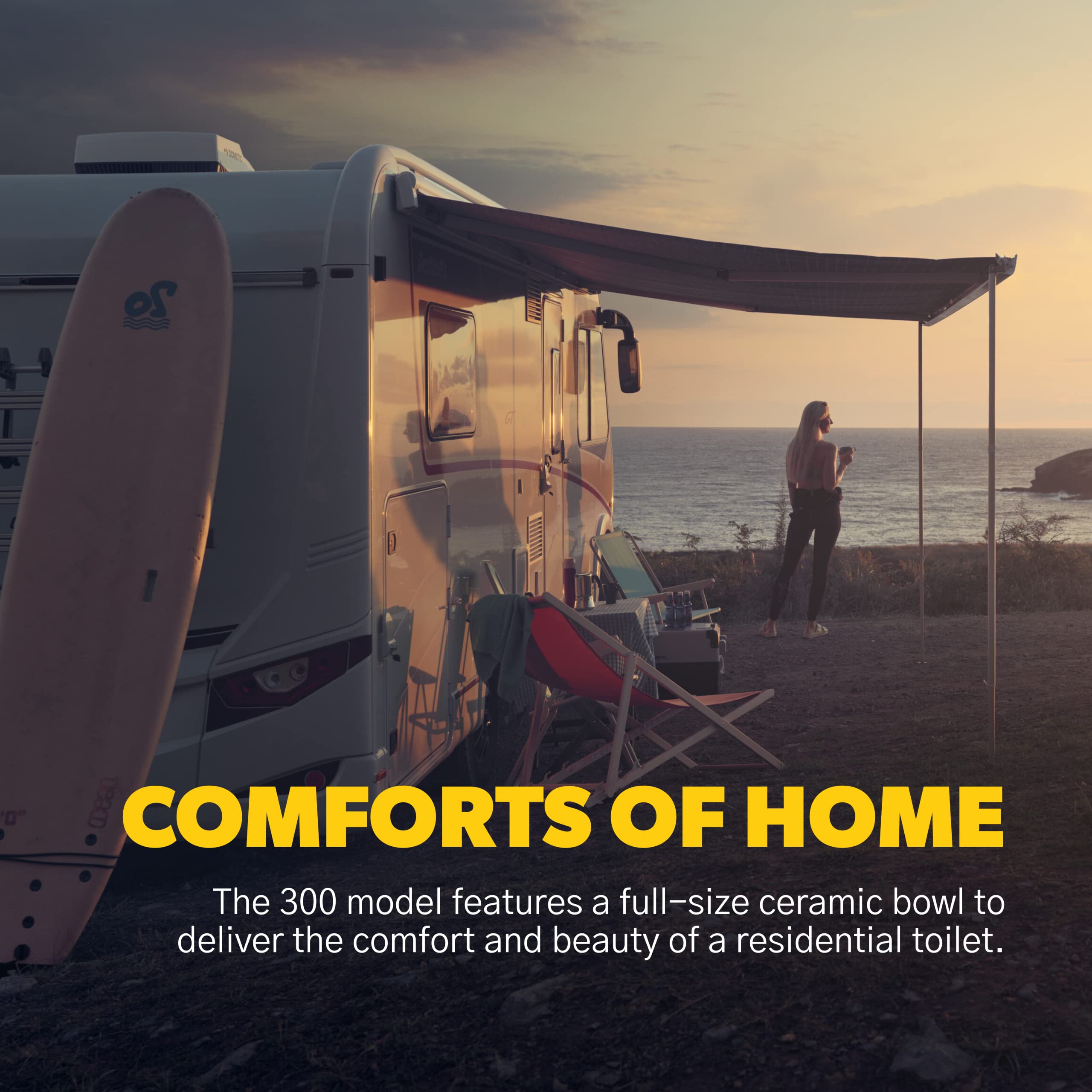 Dometic 300 Series Gravity-Flush RV Toilet | Powerful Triple-Jet Action Flush with Adjustable Water Level | Standard Height Flus