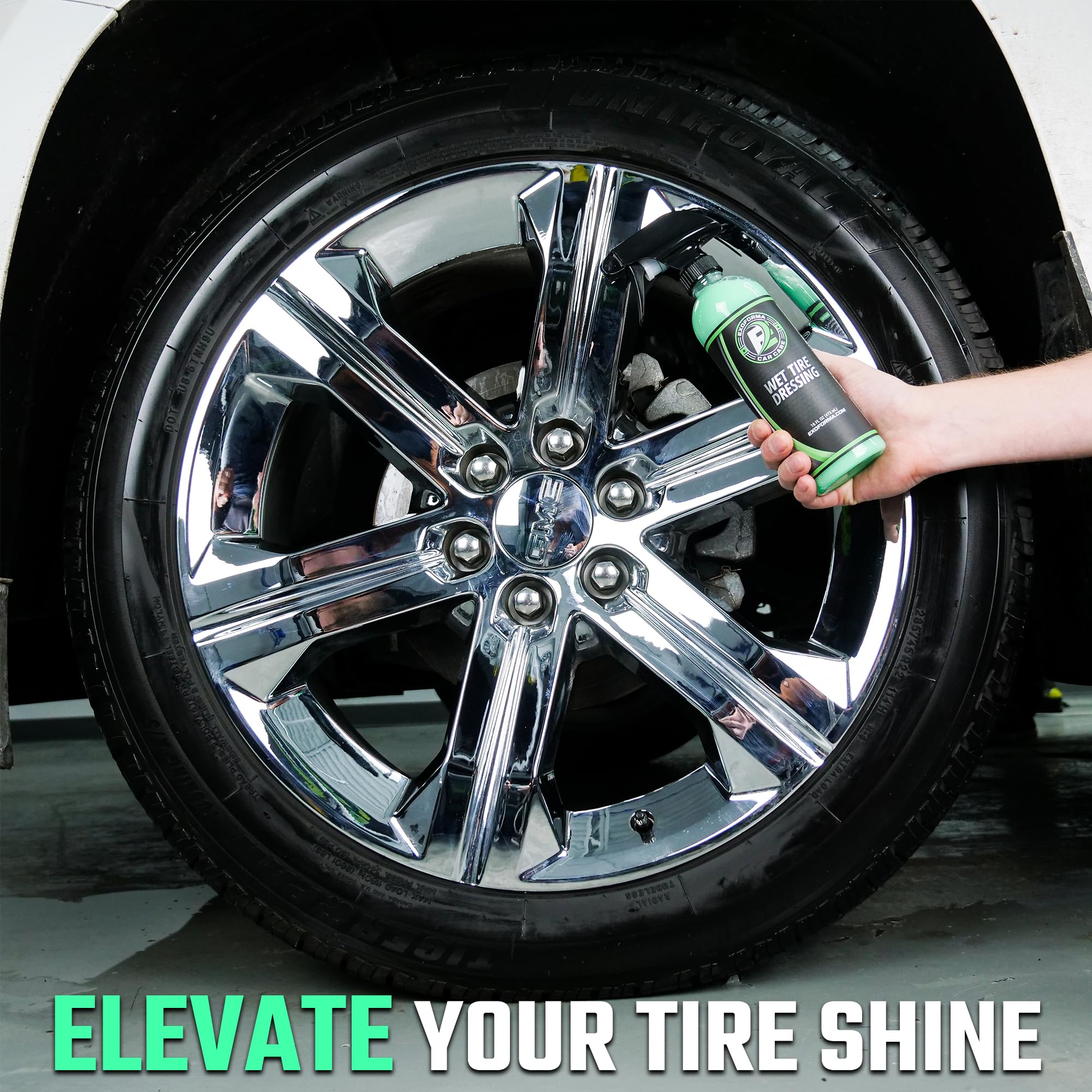 Exoforma Wet Tire Dressing Spray - Extremely High Shine Tire Dressing For That Wet Look - No Sling, Non-Greasy Silicone Formula