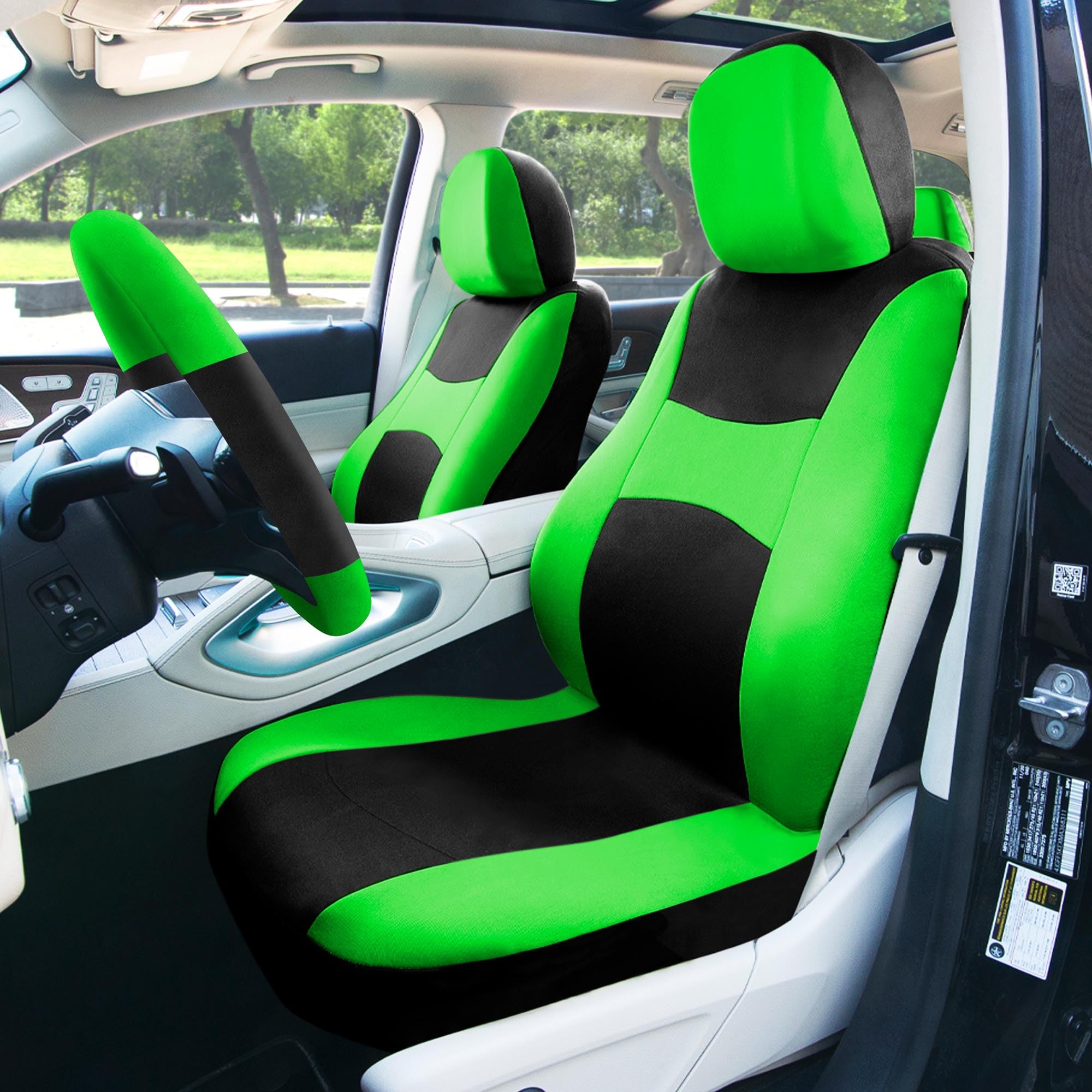 FH Group Green Automotive Seat Covers Combo Set with Steering Wheel Cover & Seat Belt Pad - Universal Fit for Cars, SUVs & Trucks