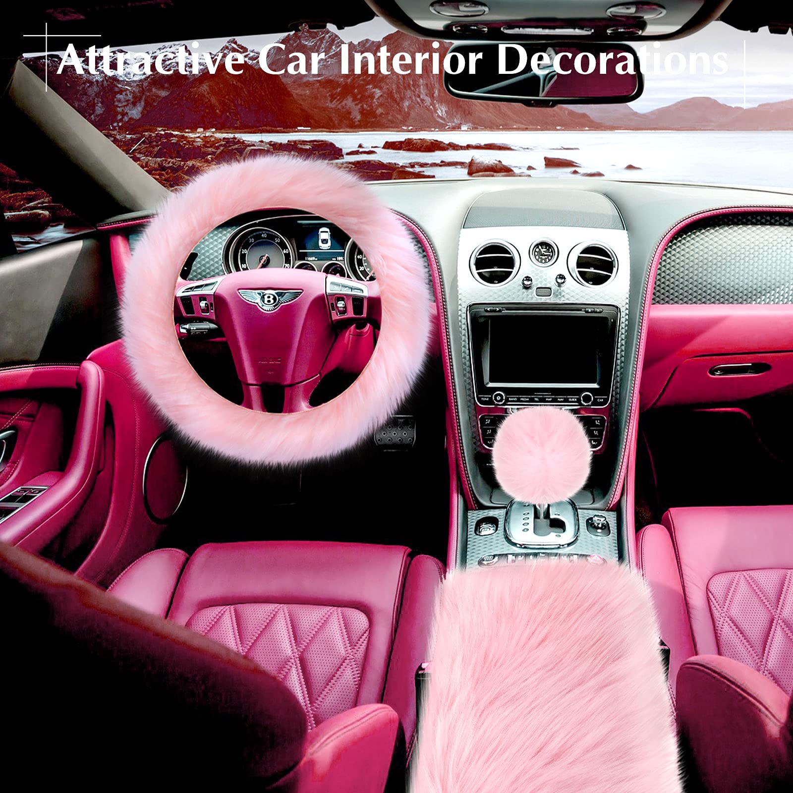 Tallew 6 Pieces Fluffy Steering Wheel Covers Winter Wool Fur Handbrake Warm Gear Steering Wheel Cover Console Seat Belt Shoulder Pads Accessories Furry Non-Slip Car Decor(Long Hair,Pink)