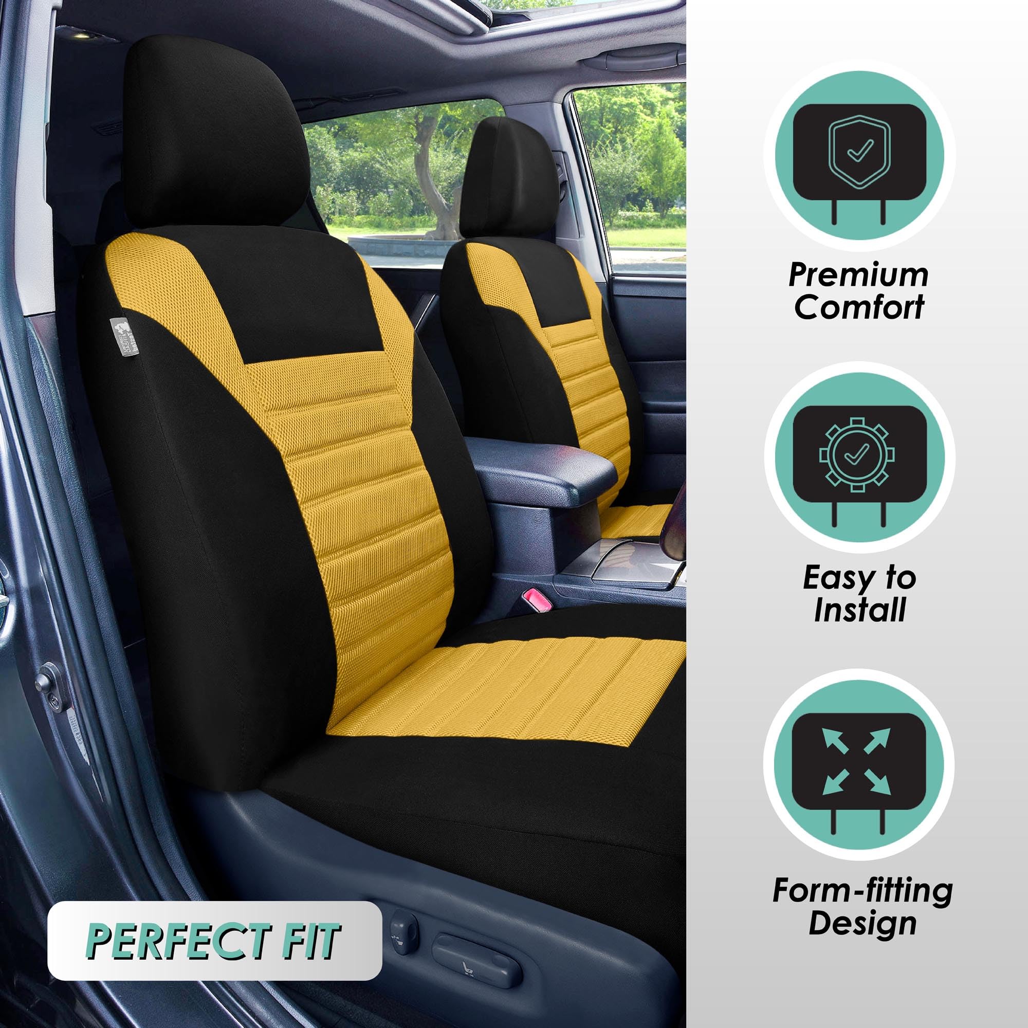 Fh Group Automotive Car Seat Covers Full Set Premium 3D Air Mesh Yellow And Black, Airbag Compatible And Split Bench Cover Unive