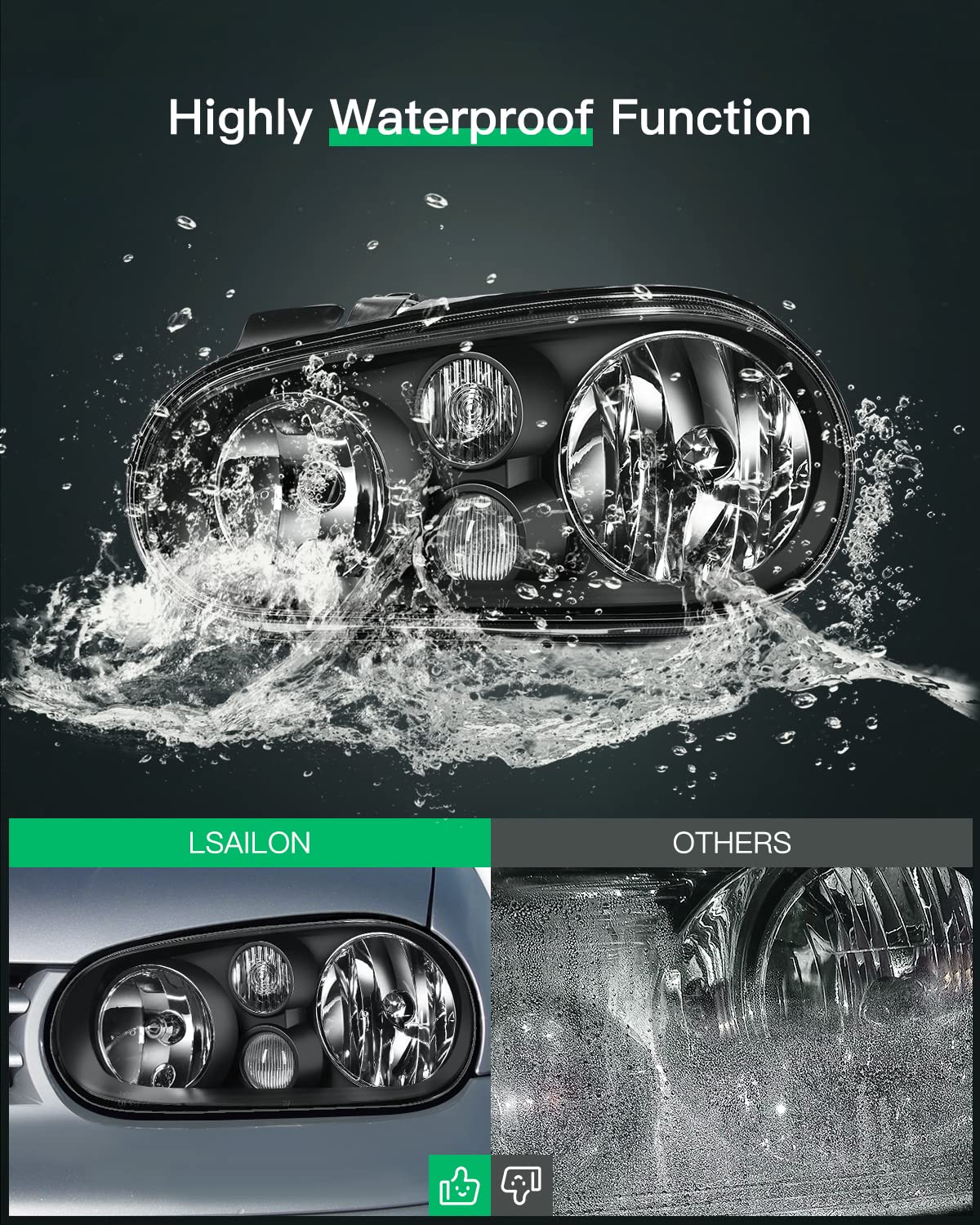 Lsailon Headlight Assembly Replacement Fit 1999-2002 For Cabrio1999-2006 For Golf Black Housing Clear Lens