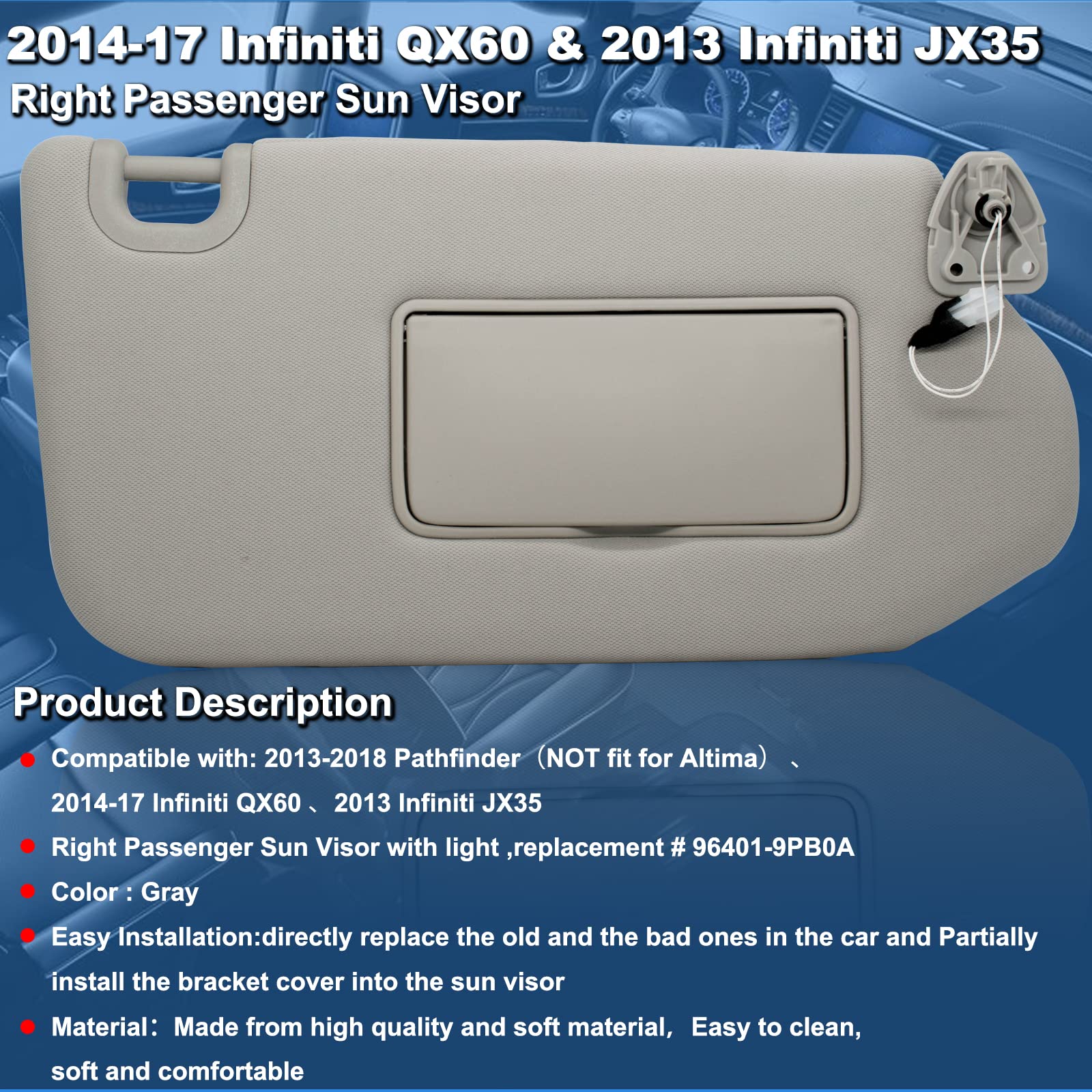 Nhiles Right Passenger Sun Visor With Lamp & Mirror For 2013-2020 Nissan Pathfinder 2014-2020 Infiniti Qx60 And 2013 Infiniti Jx