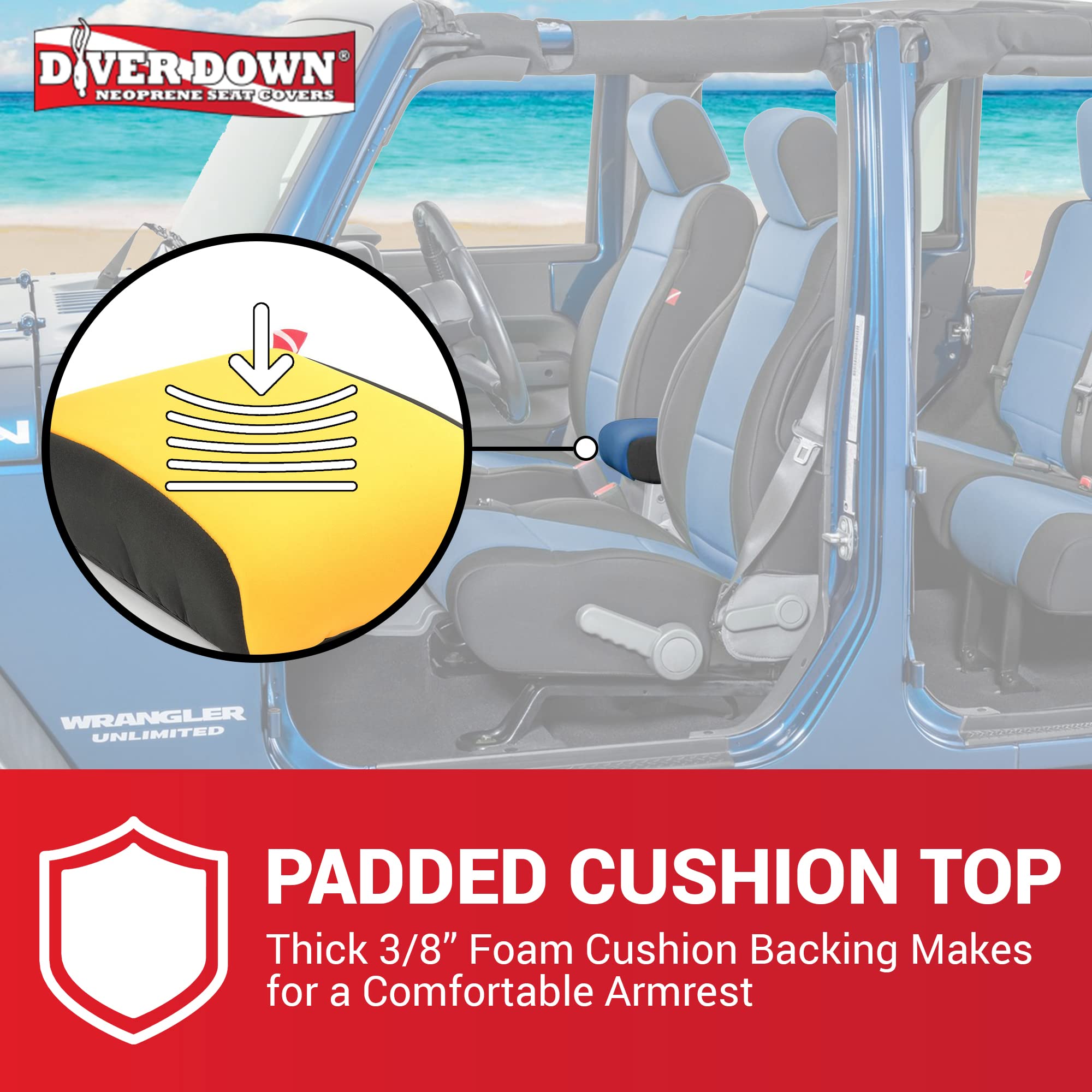 Diver Down Neoprene Center Console Cover - Fits Jeep 2007-2018 Jk Jku Wrangler - Cushioned Armrest Cover - Doesn'T Burn Your Elb