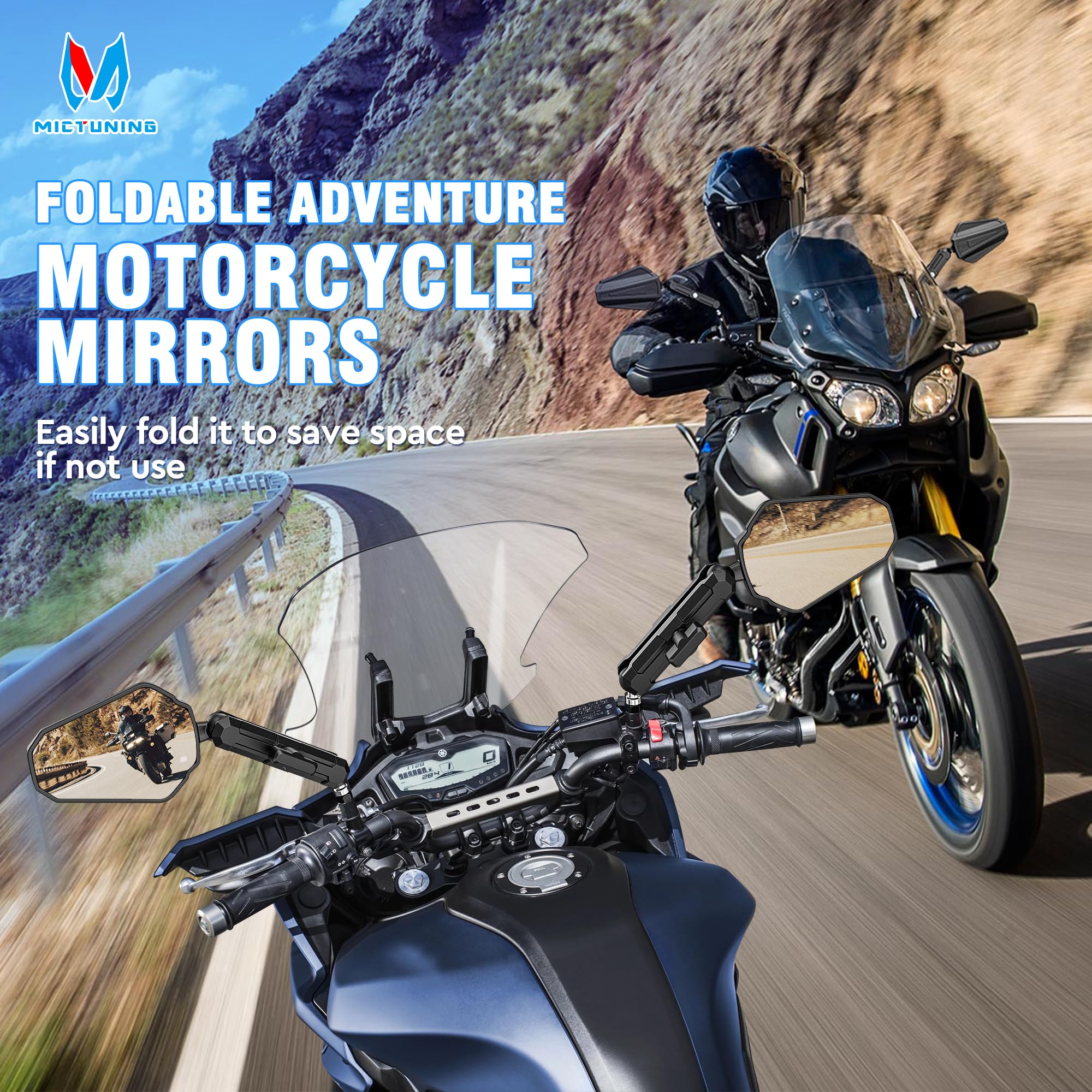 MICTUNING Adventure Motorcycle Mirrors, 360 Adjustable CNC Aluminum Alloy,Foldable 7/8 Handlebar M10 M8 Rear View Mirror Compa