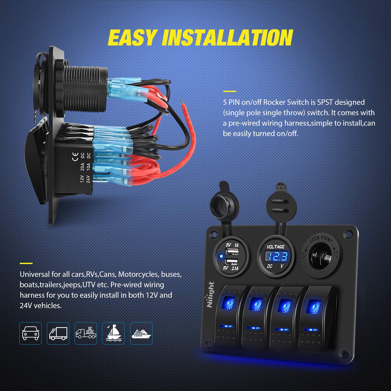 Nilight - 90117G 4 Gang Rocker Switch Panel Waterproof Pre-Wired Aluminum Switch Panel With Dual Usb Cigarette Lighter Socket Vo