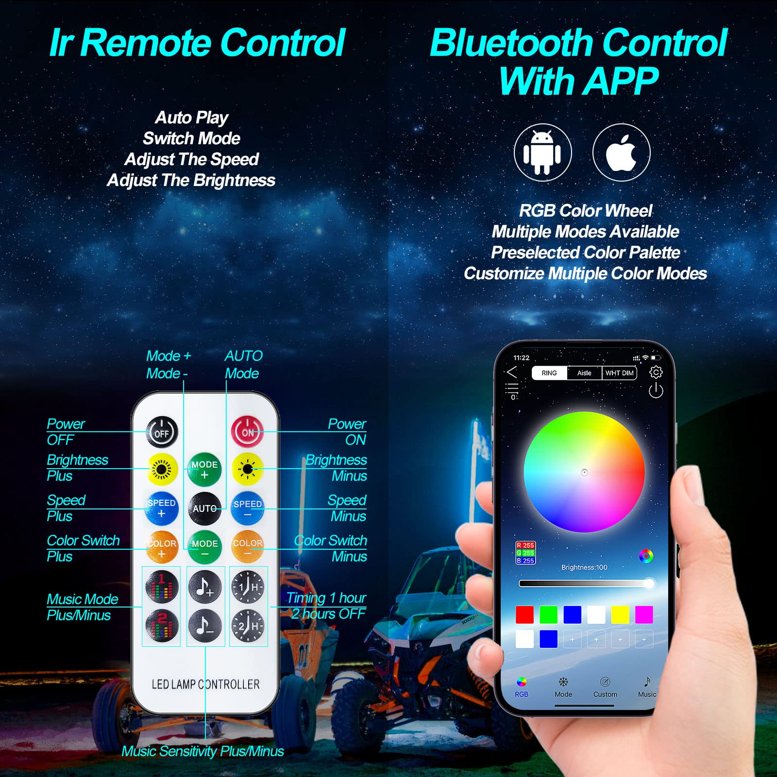 2Pcs 3Ft Led Whip Lights,Rf Wireless Remote,500 Kinds Patterns 600 Kinds Of Color Combinations,Rgr Chasing Lighted Antenna Whips,For Utv, Atv, Off Road, Truck, Sand, Buggy Dune, Rzr.