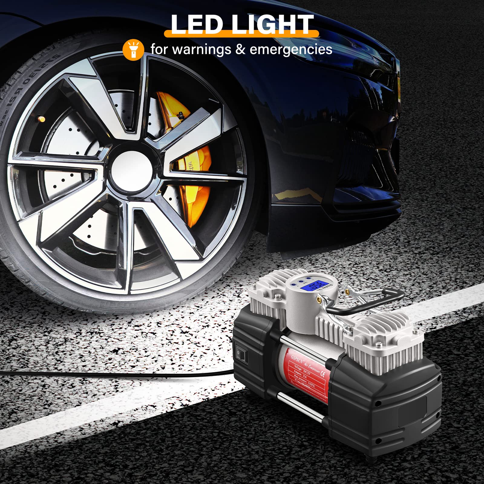 Gspscn Portable 12V Air Compressor Pump Digital Display Tire Inflator With Led Flashlight, Heavy Duty Dual Cylinder Tire Pump 15