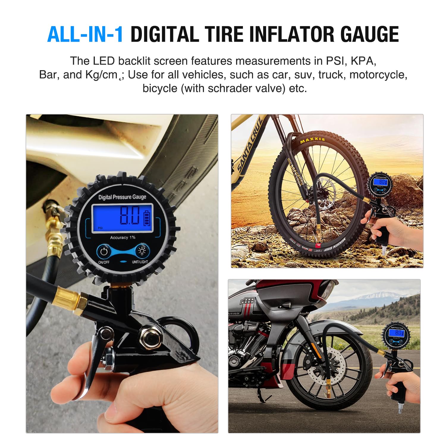 Nilight 50026R Digital Tire Inflator Pressure Gauge,250 Psi Air Chuck And Compressor Accessories Heavy Duty With Rubber Hose And Quick Connect Coupler For 0.1 Display Resolution