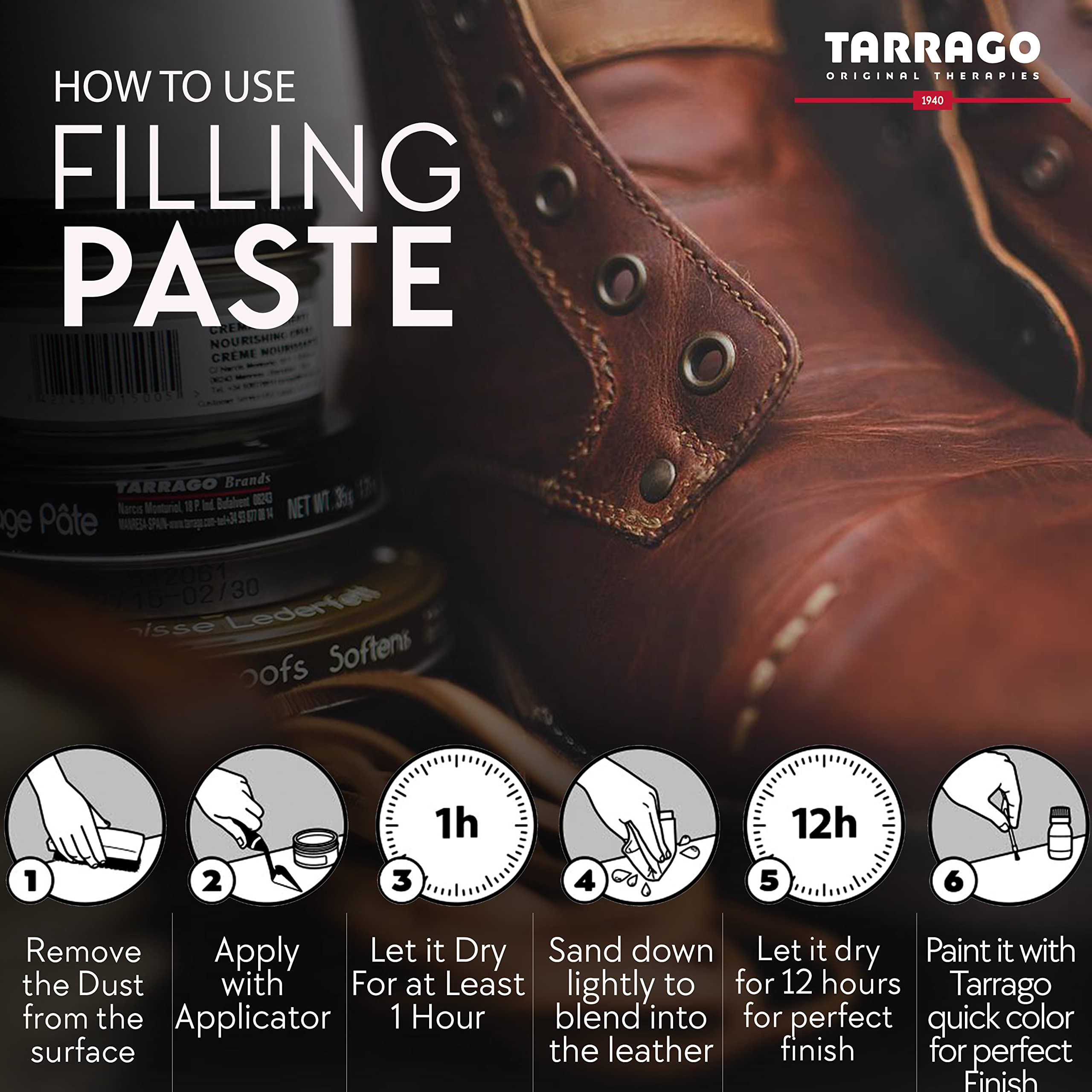 Tarrago Filling Paste - 50ml Leather Filler Repair Compound - Leather Restoration Crack, Burns, Tears, Holes Filler for Car Seat