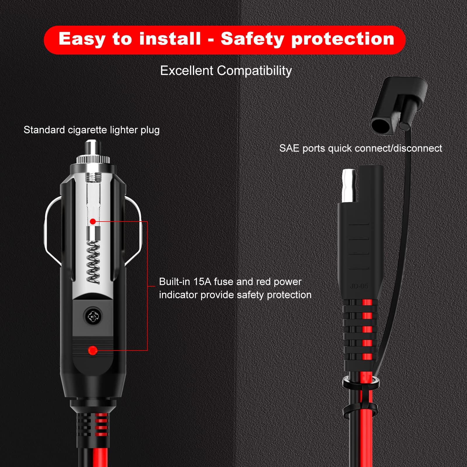 EXTRACTME 10FT Cigarette Lighter SAE Battery Charger Cable, 14AWG 12V Cigarette Lighter Plug to SAE Quick Release Adapter Extens