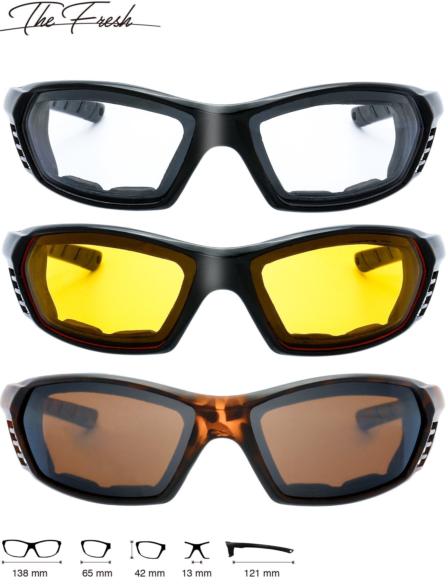 3 Pairs Motorcycle Riding Glasses Padded Frame Lens Block 100% Uvb For Outdoor Activity Sport (3-Shiny Black/Tortoise, Clear, Ye