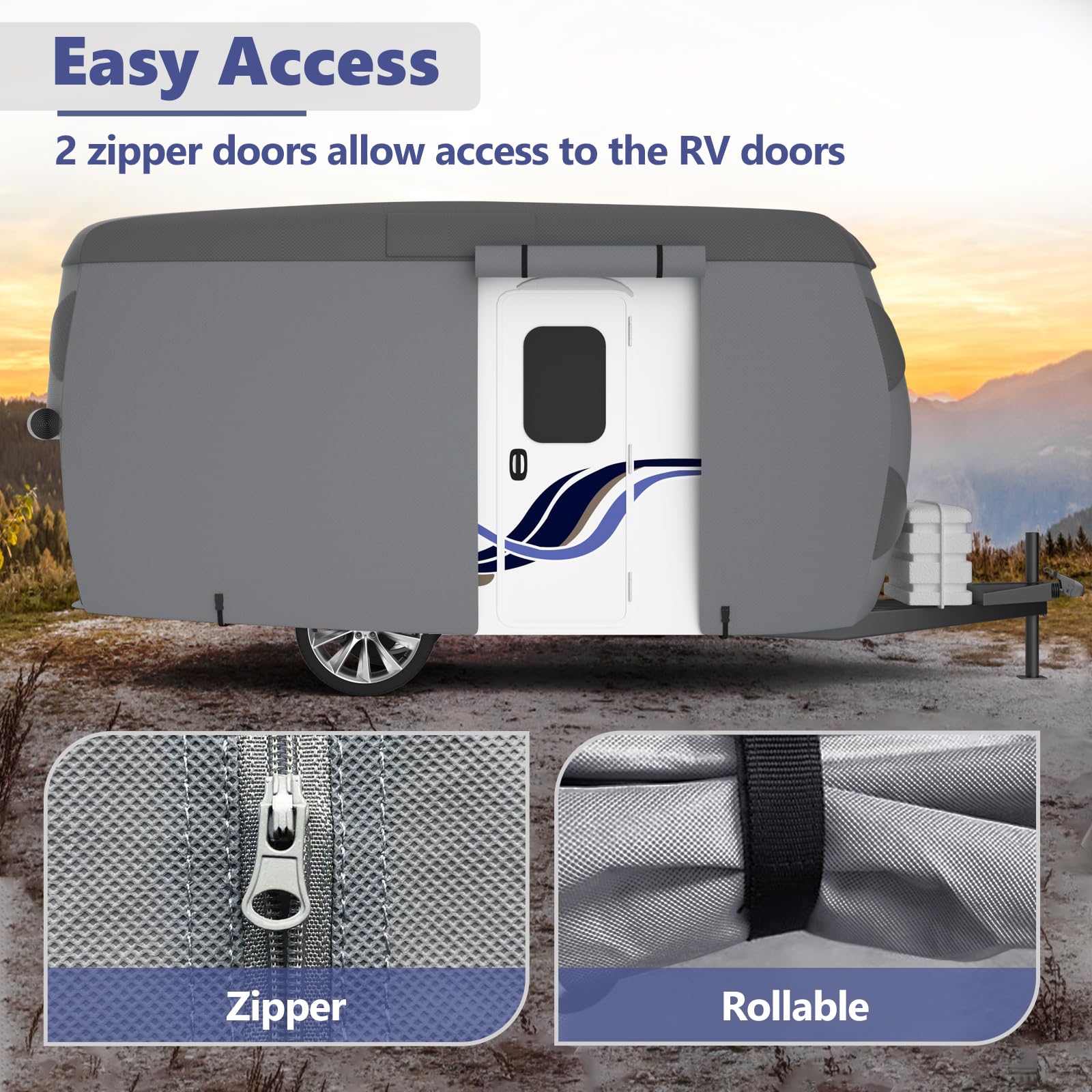 VINPATIO Fiberglass Travel Trailer Cover - Fits 13'-16' Trailers, Windproof Strap, RV Cover, Grey