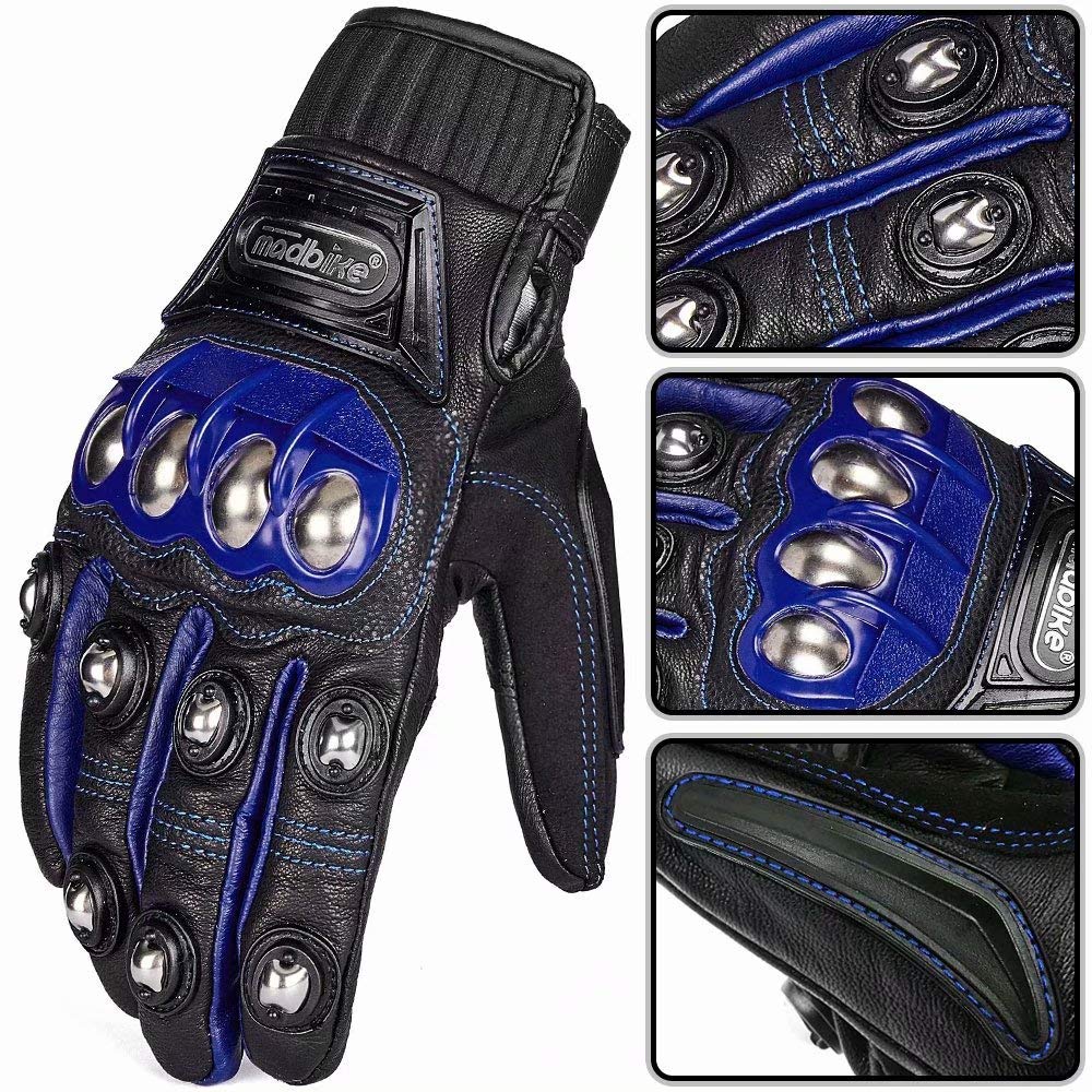 Ilm Alloy Steel Leather Hard Knuckle Touchscreen Motorcycle Bicycle Motorbike Powersports Racing Gloves (Xl, (Leather) Blue) Mod