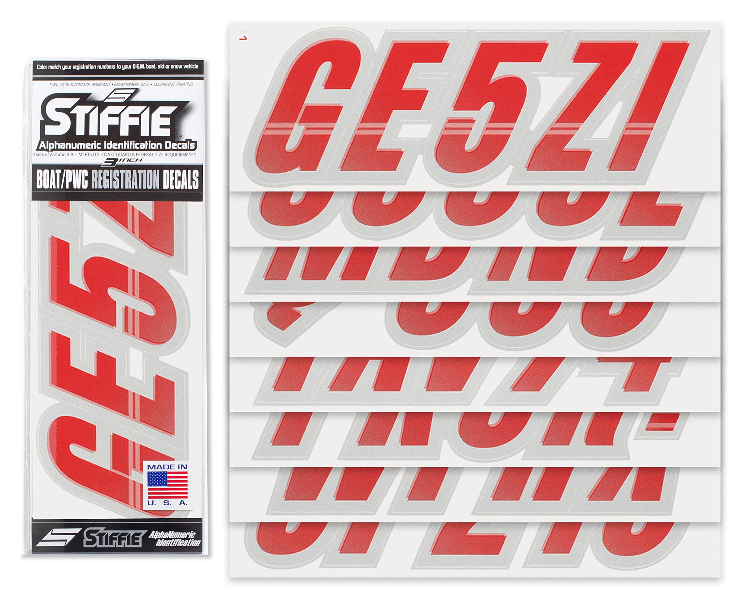Stiffie Techtron Red/Silver 3 '' Boat & Pwc Registration Decals  Numbers Letters Stickers