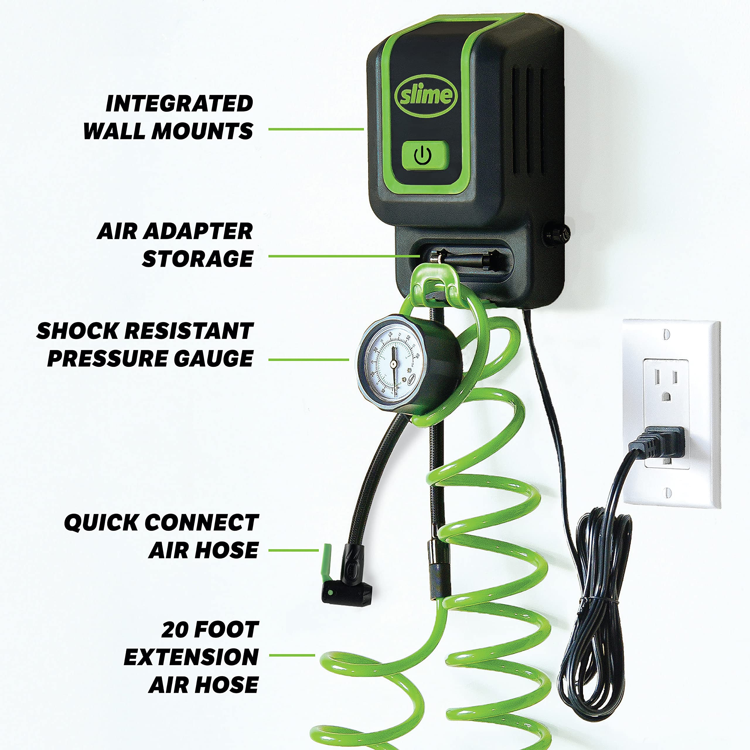 Slime 40070 Inflator, Compressor, Garage Inflation Station, Wall Mounted, 120V, For Cars, Bikes and Accessories