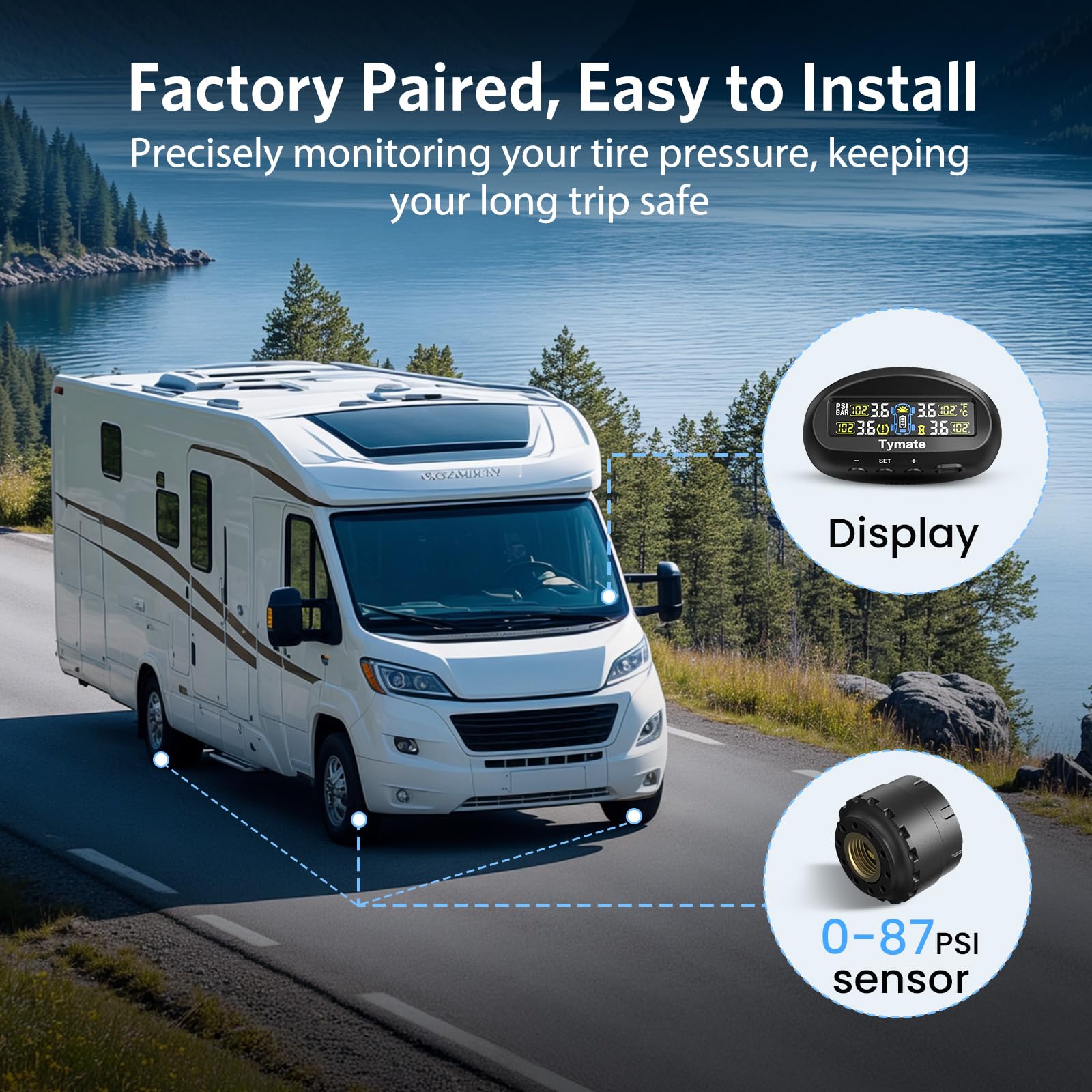 Tymate TM9 Tire Pressure Monitoring System, Compact Wireless Solar TPMS with 4 External Sensors & 6 Alarm Modes, Install on Wind