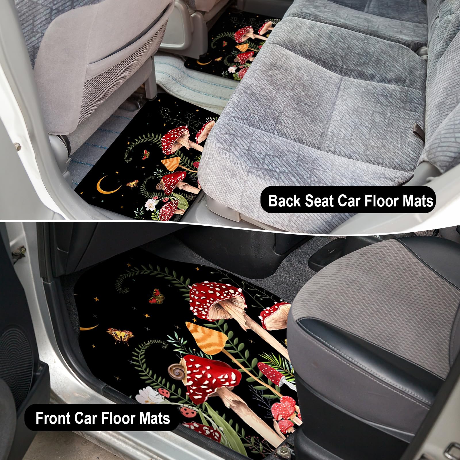 Fabbay 26 Pcs Mushroom Car Seat Covers Set with Protectors Steering Wheel Seat Belt Cover Floor Mat Armrest Cushion Key Chains A