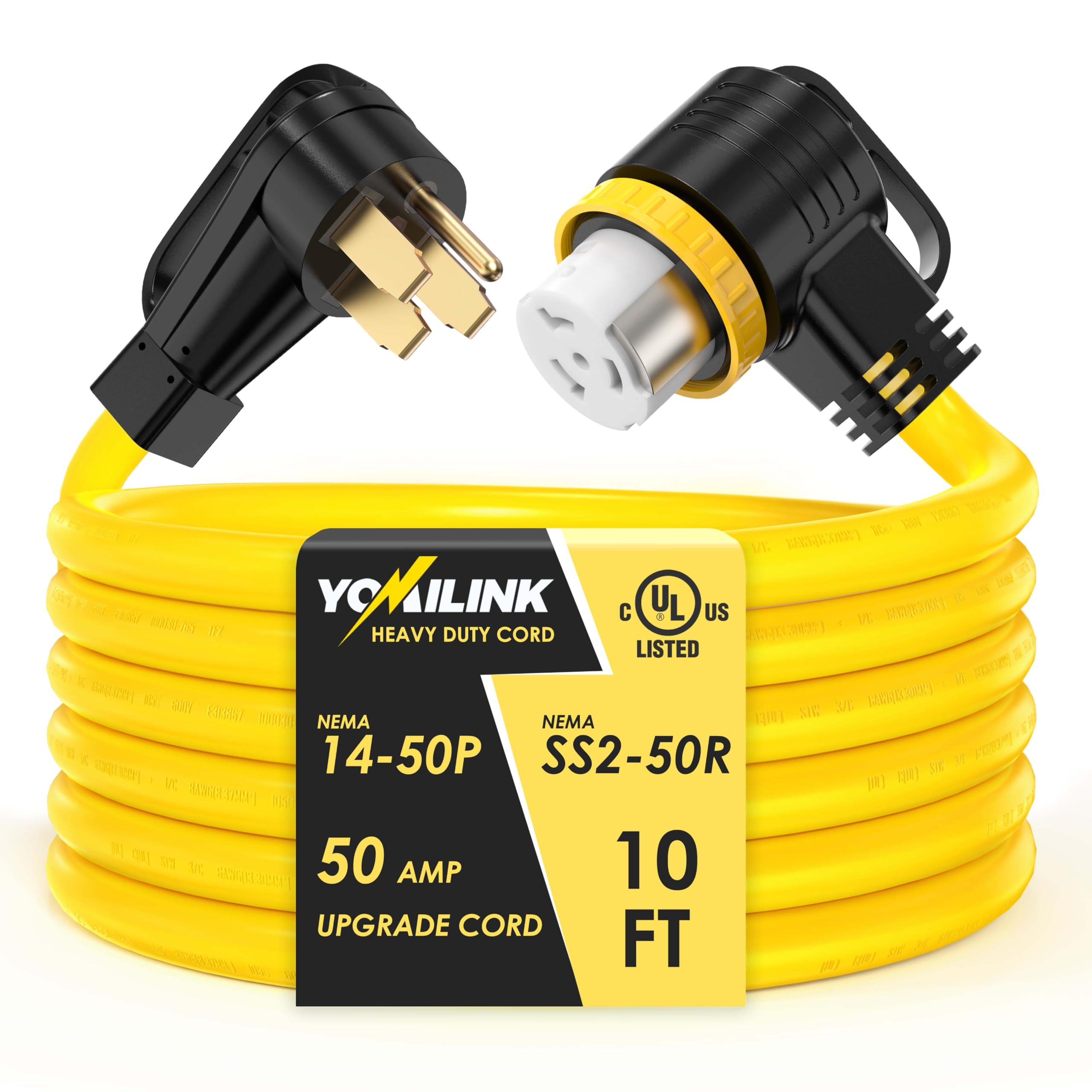 YOMILINK 10 Feet 50 Amp RV/Generator Cord, UL Listed, Locking Connector, NEMA 14-50P to SS2-50R Twist Locking, Newly Designed 90
