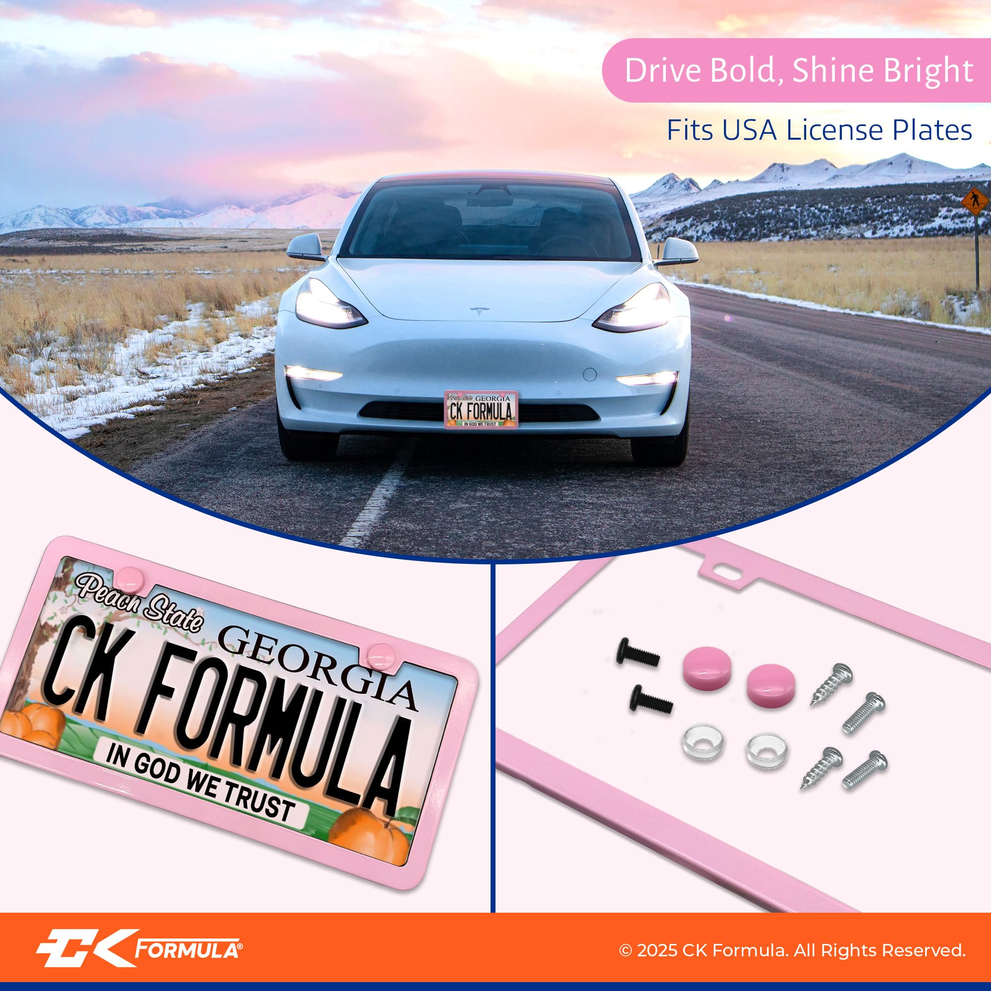 CK FORMULA Premium Baby Pink License Plate Frames 2-Pack, Rust-Proof Stainless Steel, Universal Slim Fit, Durable Car Accessories