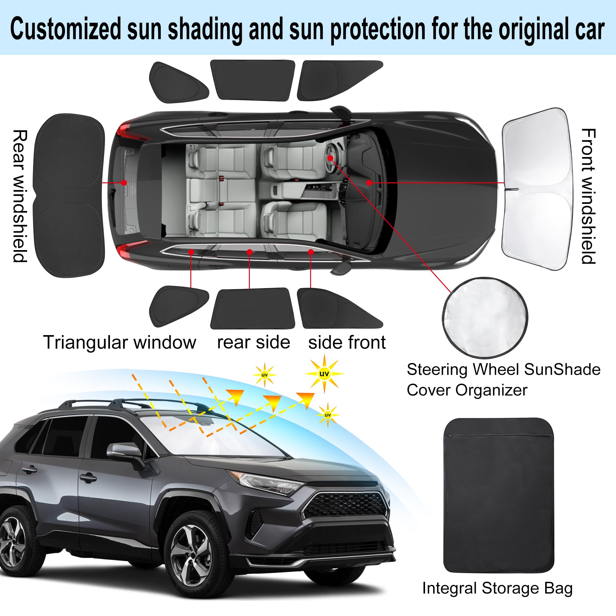 TINGLU Window Shades for Toyota RAV4 2019-2024, Black Polyester, UV Protection, 8PCS Set