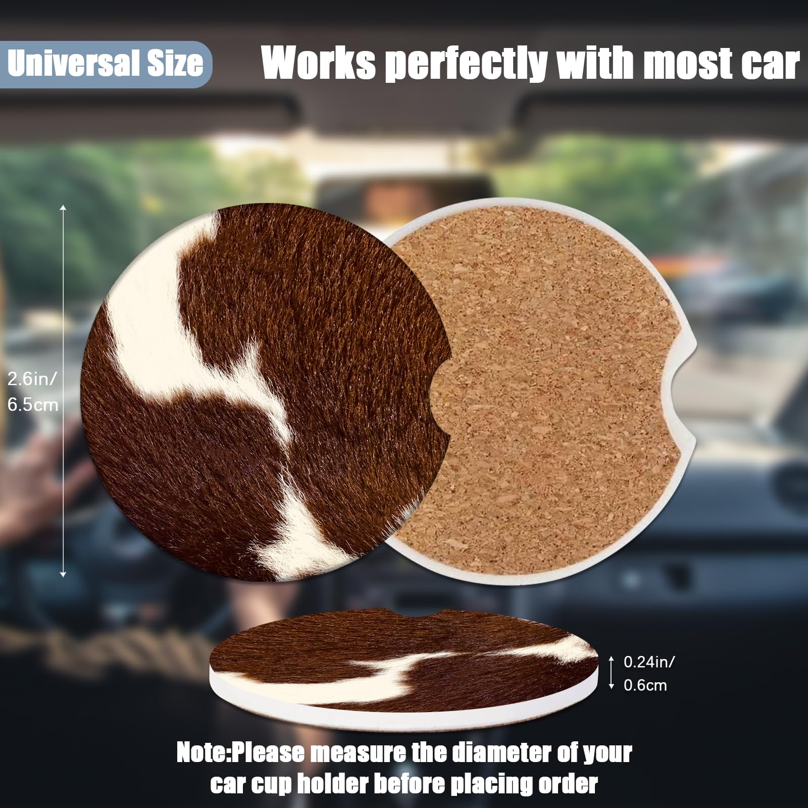 Car Cup Holder Coaster -Cow Hide Brown Absorbent Ceramic Coaster, Car Coasters for Cup Holders, Auto Accessories for Women & Men